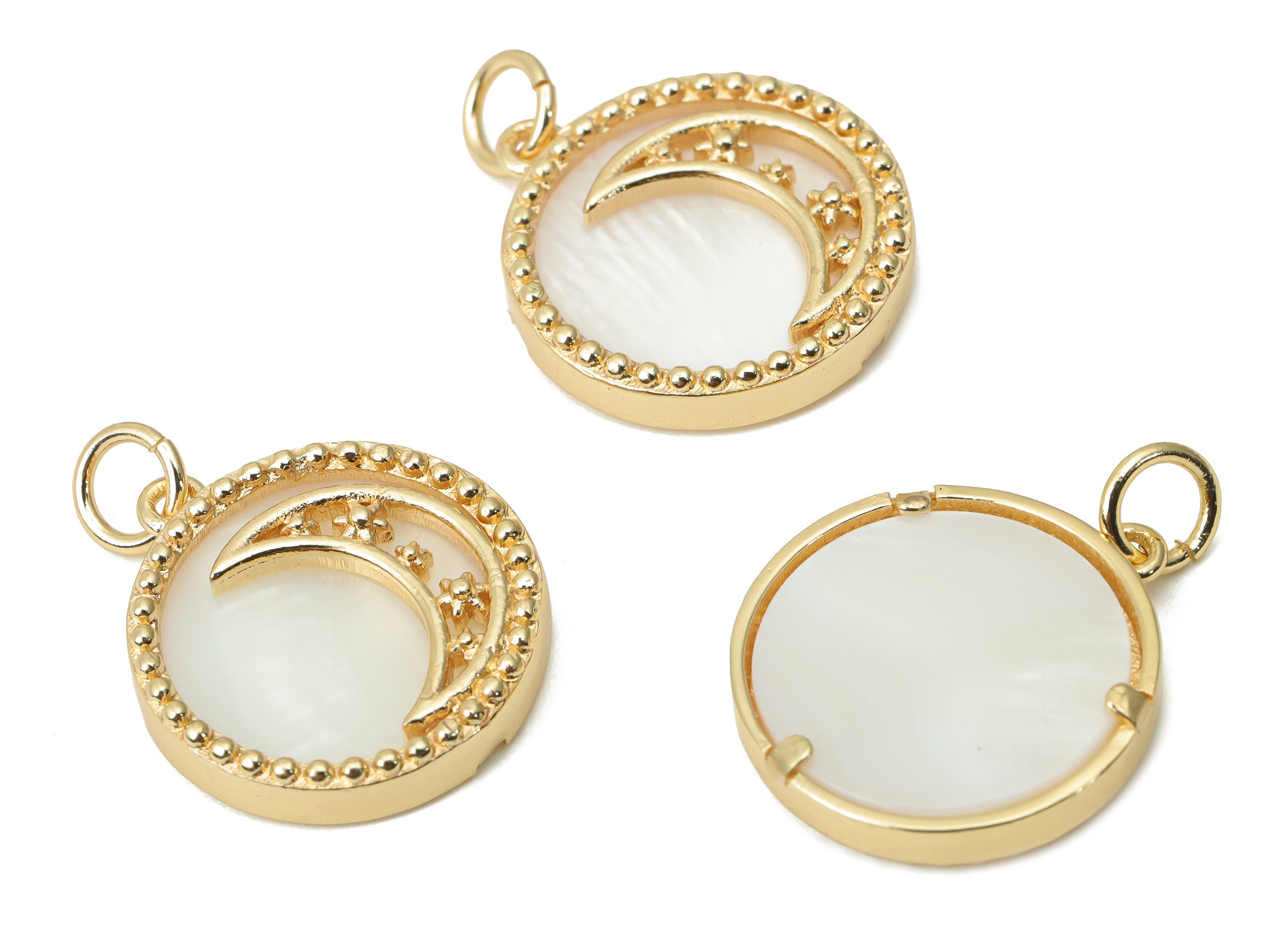 Brass Round Planet Crescent Earring Charms - Shell Star Moon Beads Circle Pendant - 18K Real Gold Plated Brass - 17.66x15.91x2.8mm - RGP4381 - DOMEDBAZAAR