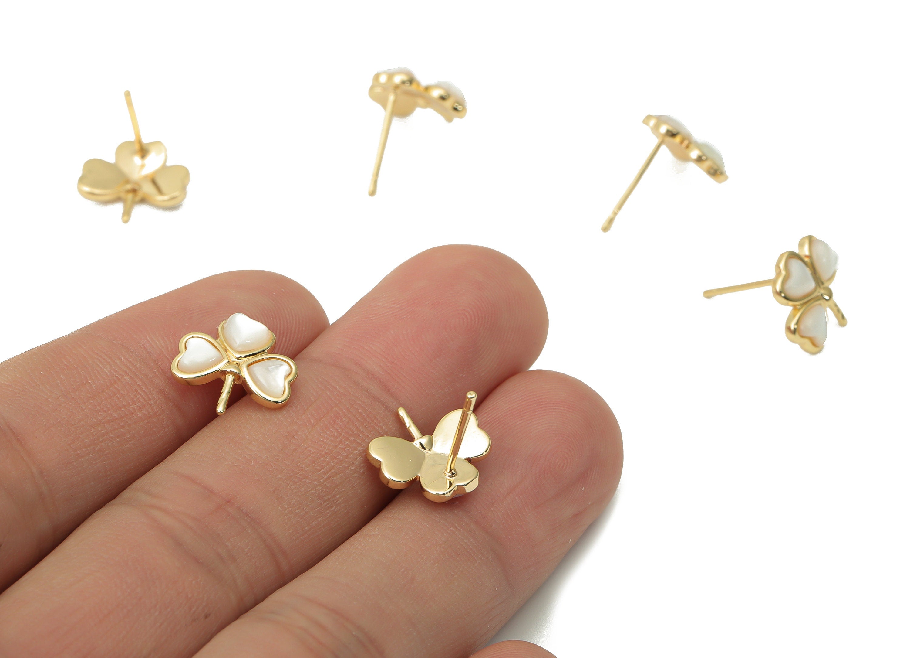 Brass Leaves Earring Stud - Shell Clover Heart Post - Silver Stud - 18k Real Gold Plated Brass - Jewelry Supplies - 12x11.9x3.3mm - RGP4400 - DOMEDBAZAAR