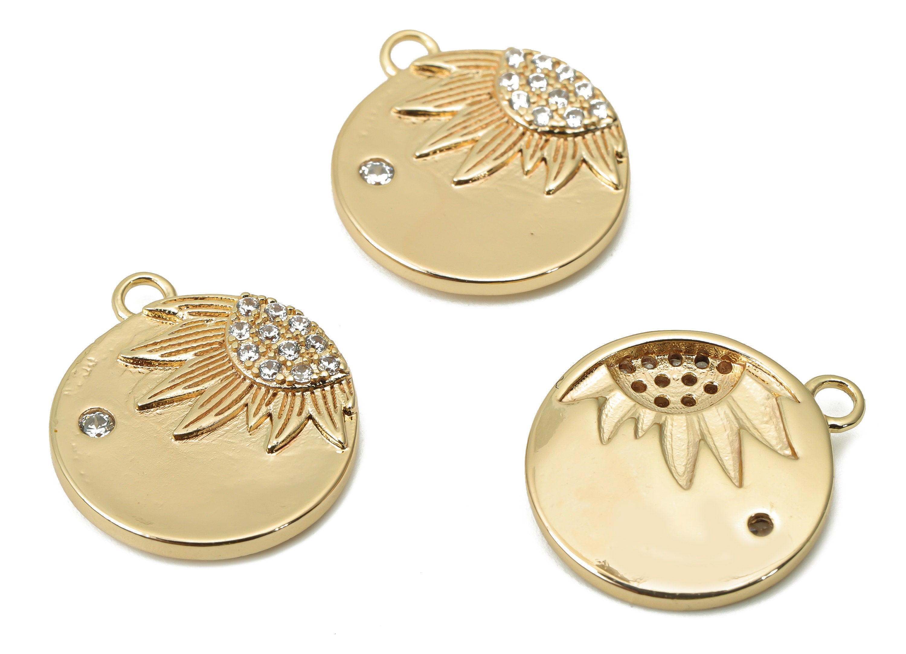 Brass Round Sunflower Earring Charms with Zircons - Gold Circle Half Sun Pendant - 18K Real Gold Plated Brass - 18.21x15.6x3.12mm - RGP4403 - DOMEDBAZAAR