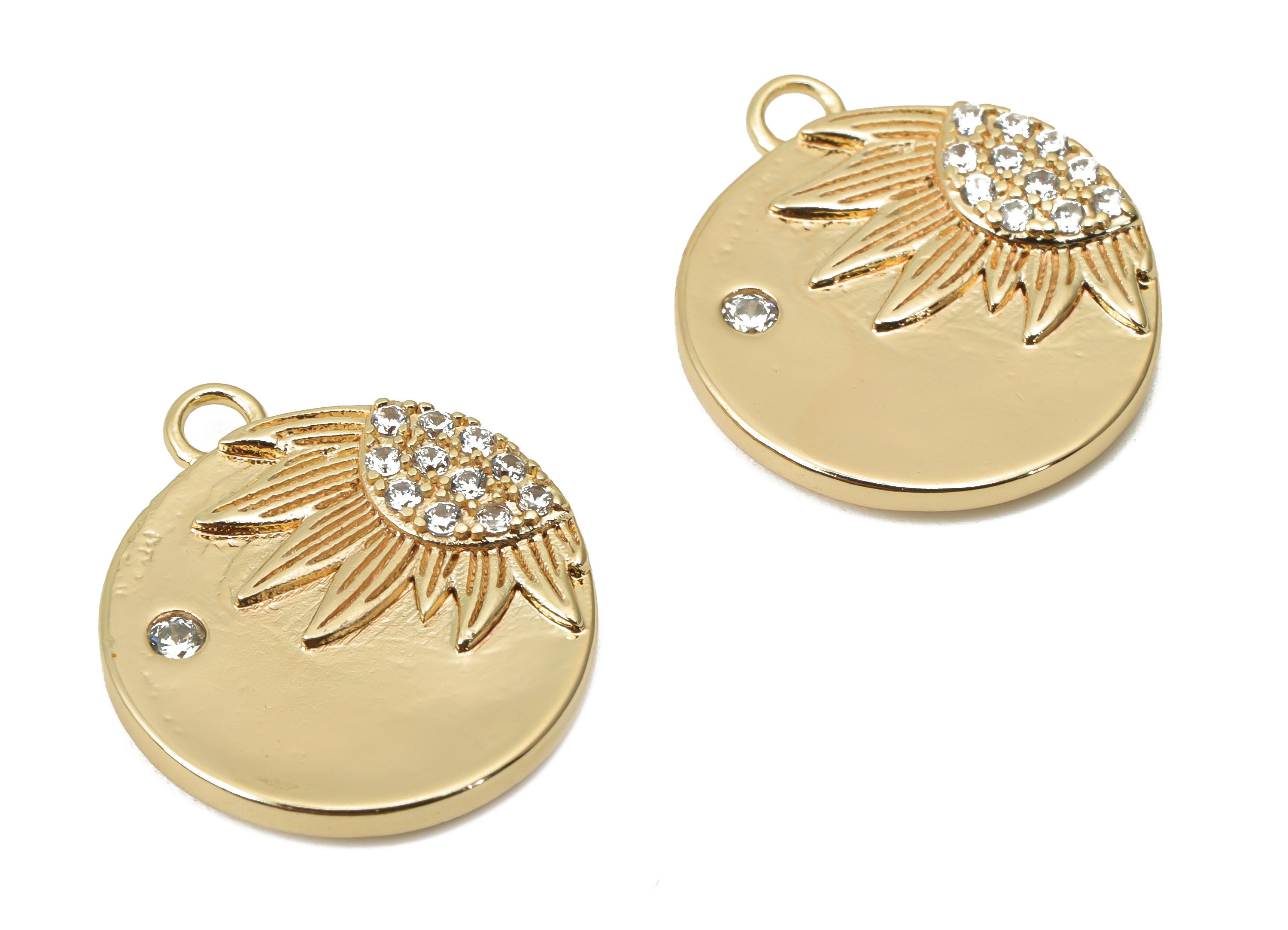 Brass Round Sunflower Earring Charms with Zircons - Gold Circle Half Sun Pendant - 18K Real Gold Plated Brass - 18.21x15.6x3.12mm - RGP4403 - DOMEDBAZAAR