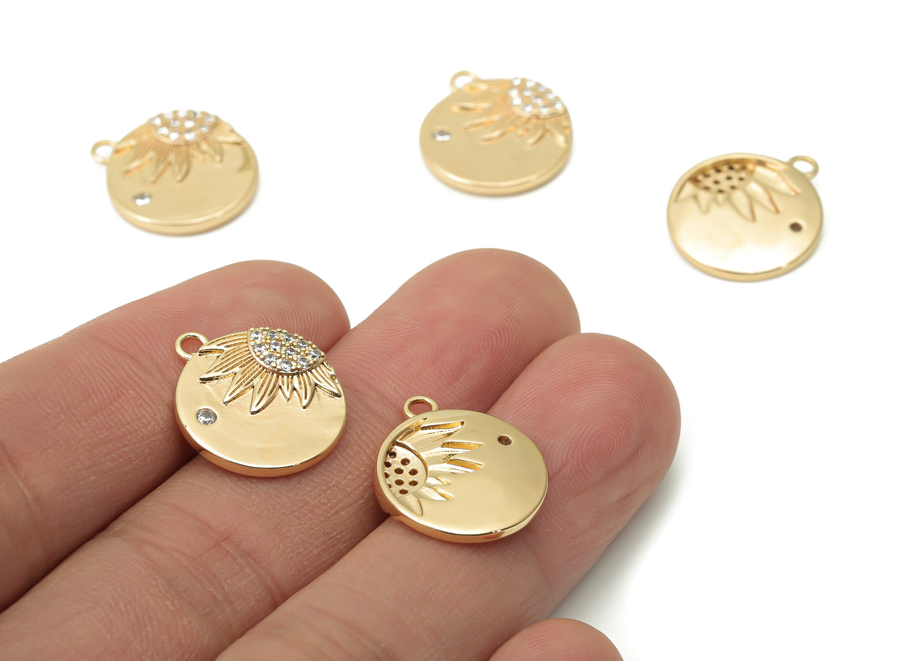 Brass Round Sunflower Earring Charms with Zircons - Gold Circle Half Sun Pendant - 18K Real Gold Plated Brass - 18.21x15.6x3.12mm - RGP4403 - DOMEDBAZAAR