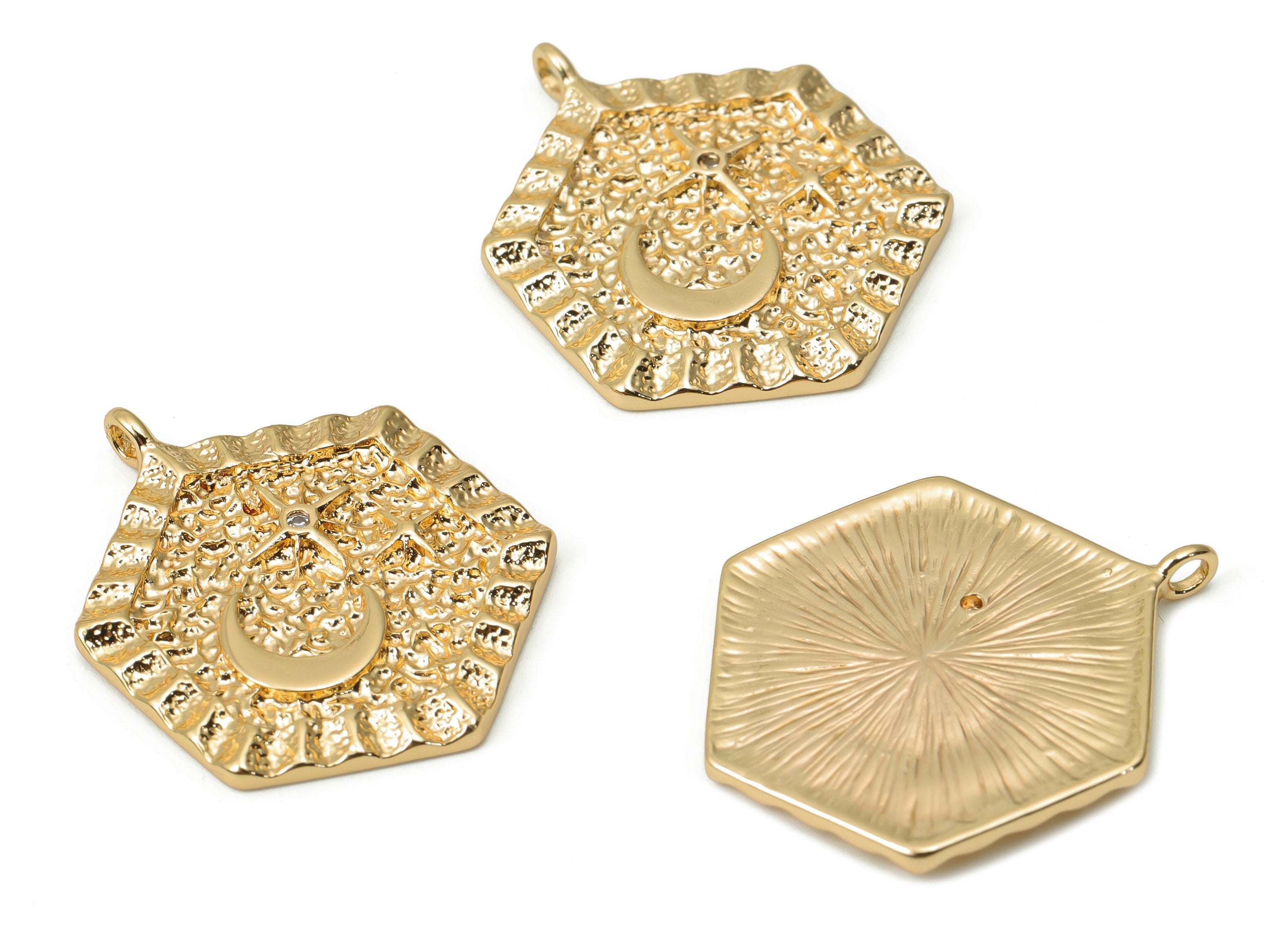 Brass Hammered Hexagon Crescent Charms with Zircons - Gold Plant Star Moon Pendant - 18K Real Gold Plated Brass - 24.66x19.3x1.6mm - RGP4412 - DOMEDBAZAAR