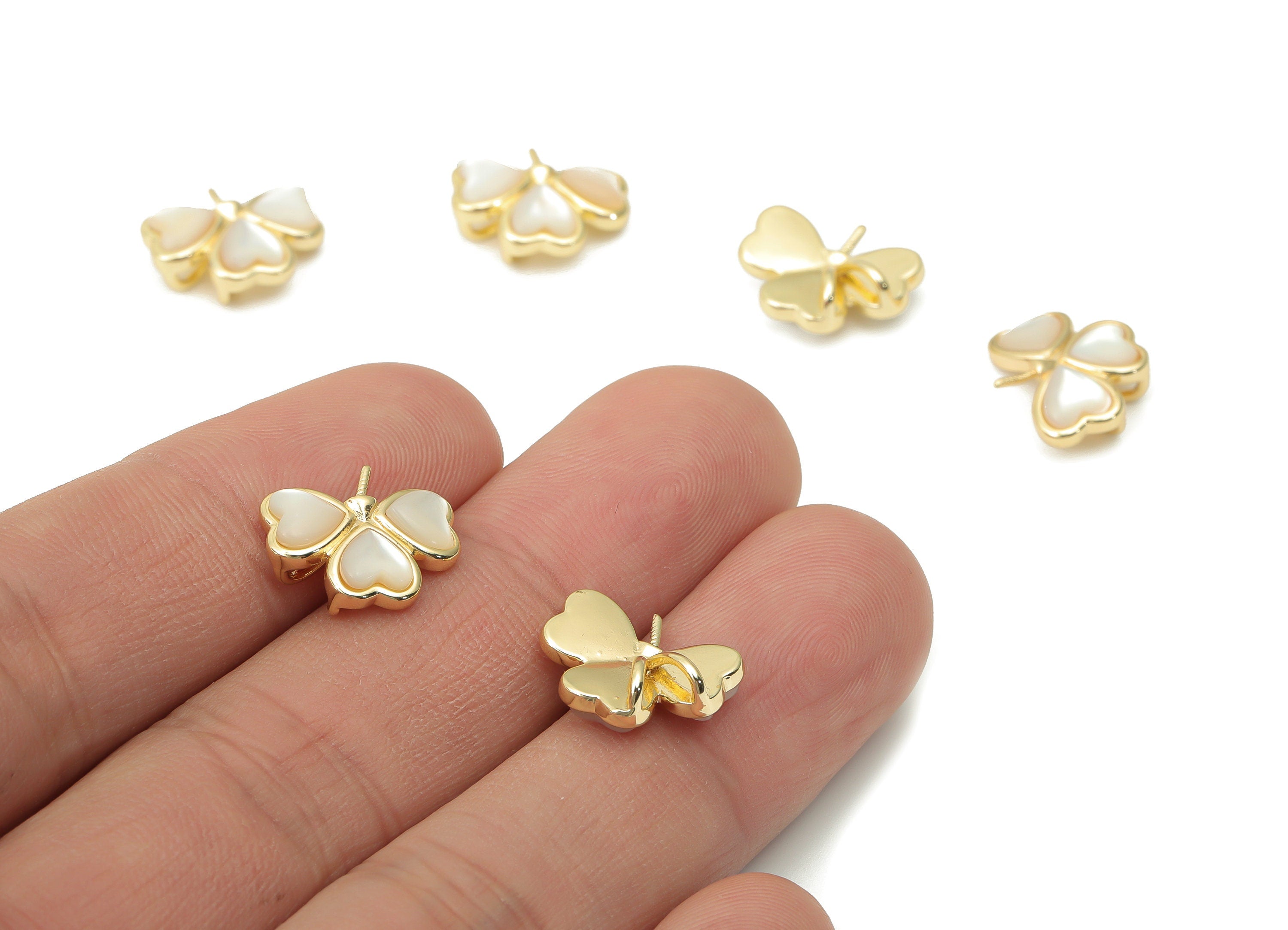 Brass Leaves Heart Connector - Shell Clover Cap Bail Peg for Half Drilled Beads - 18K Real Gold Plated Brass - 14.14x12.37x4.55mm - RGP4383 - DOMEDBAZAAR