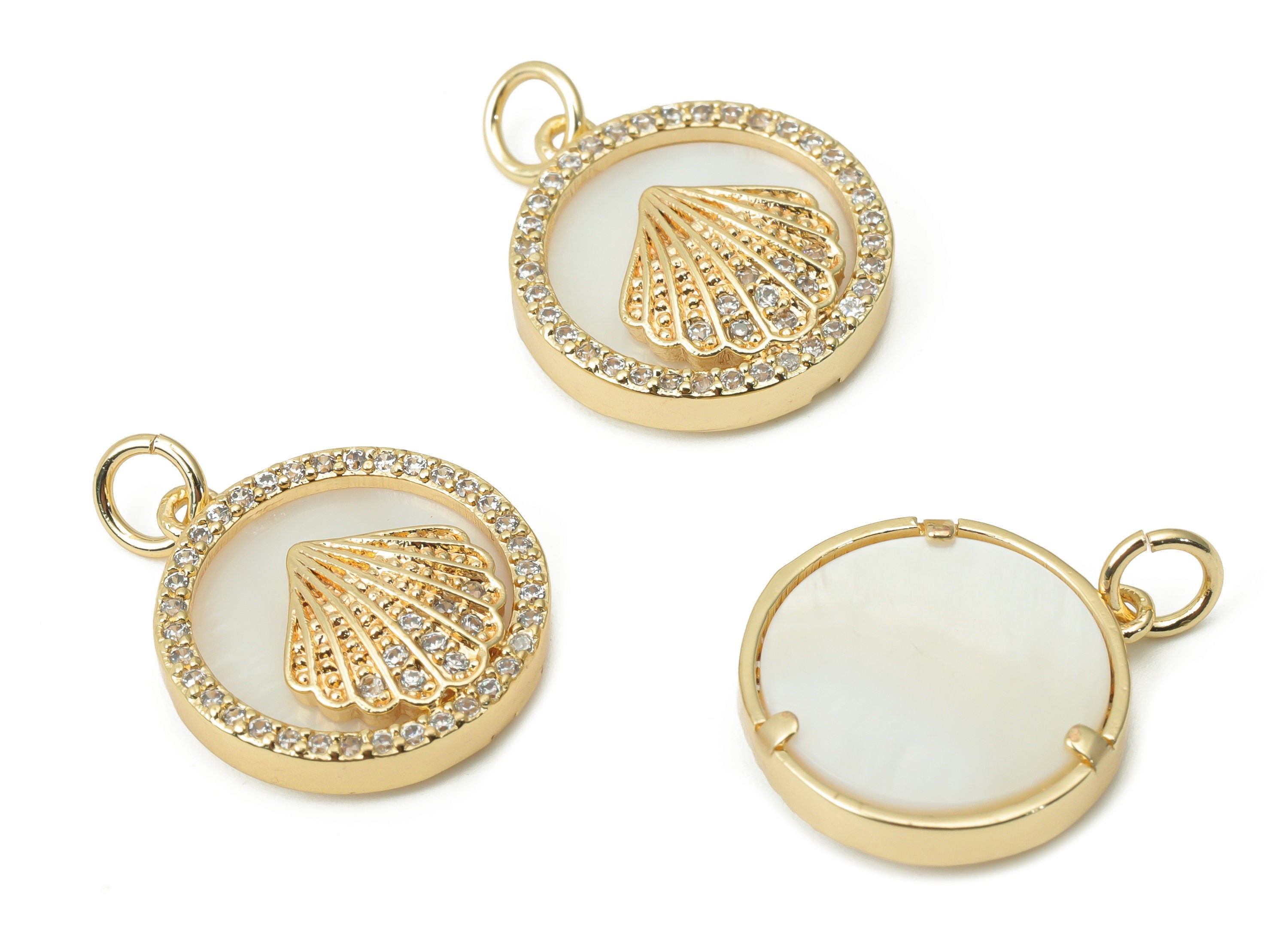 Brass Round Shell Earring Charms - Zircon Shell Circle Pendant - 18K Real Gold Plated - Jewelry Making Supplies - 17.32x16.1x3.6mm - RGP4394 - DOMEDBAZAAR
