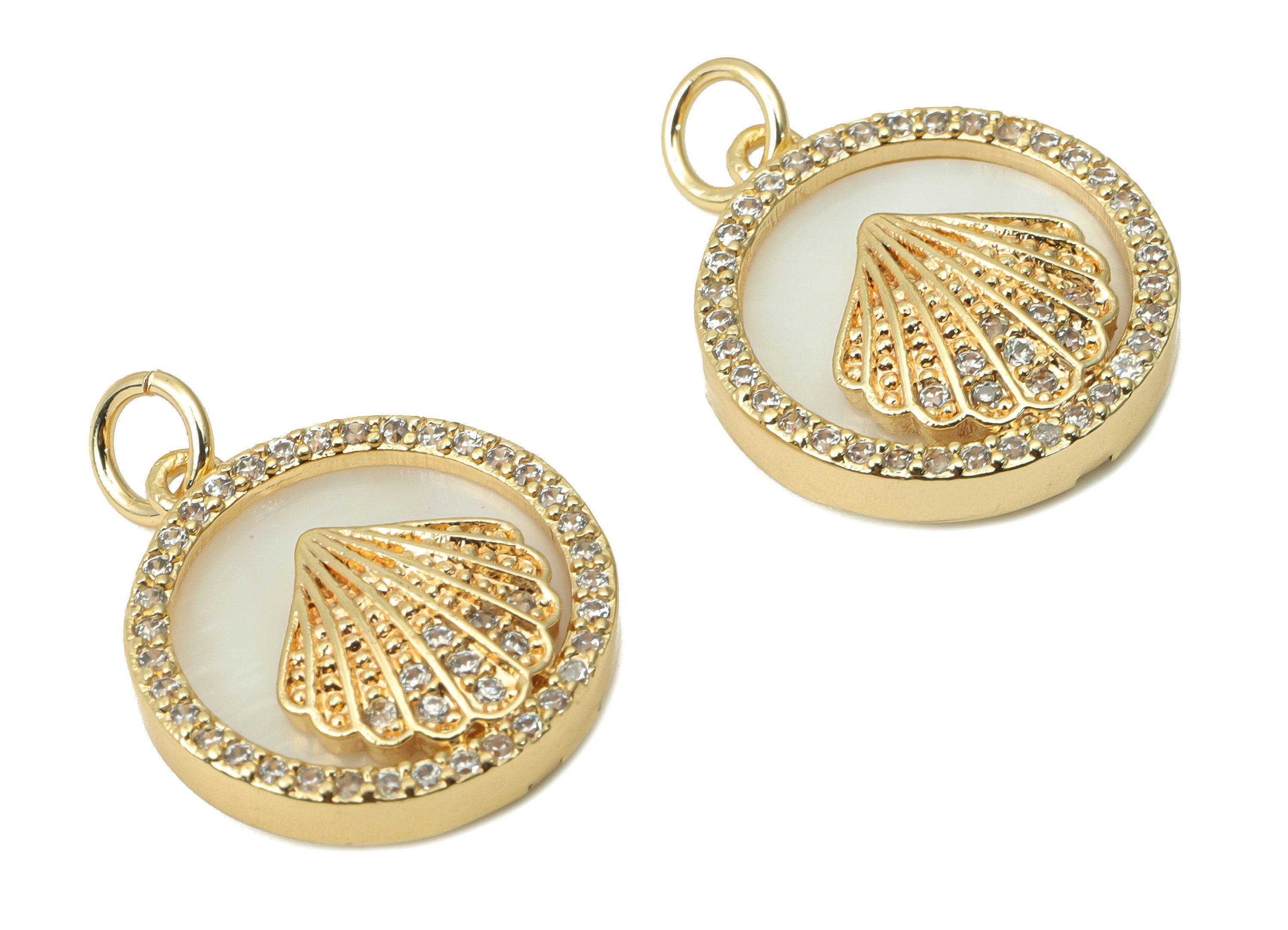 Brass Round Shell Earring Charms - Zircon Shell Circle Pendant - 18K Real Gold Plated - Jewelry Making Supplies - 17.32x16.1x3.6mm - RGP4394 - DOMEDBAZAAR