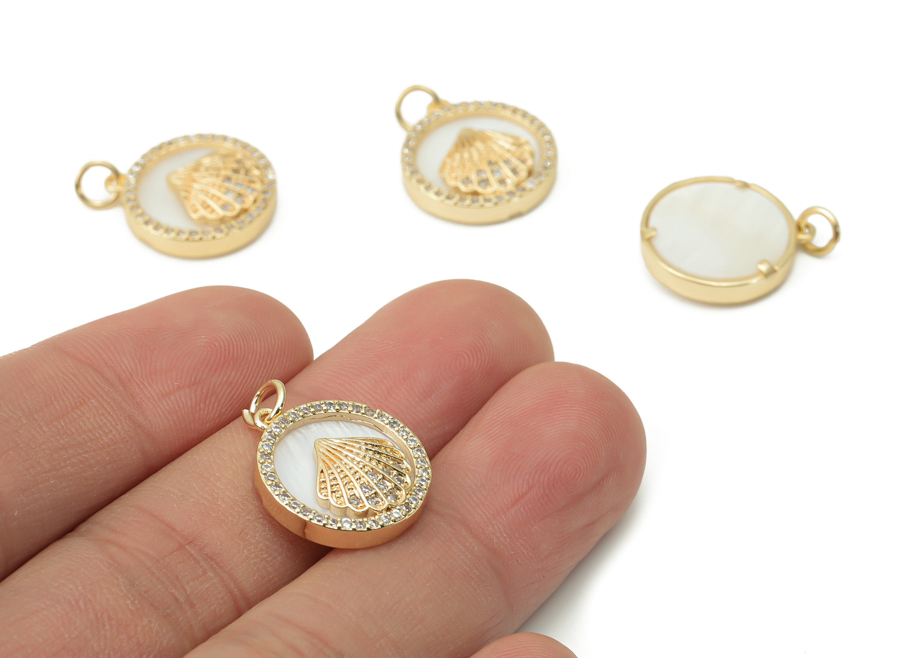 Brass Round Shell Earring Charms - Zircon Shell Circle Pendant - 18K Real Gold Plated - Jewelry Making Supplies - 17.32x16.1x3.6mm - RGP4394 - DOMEDBAZAAR