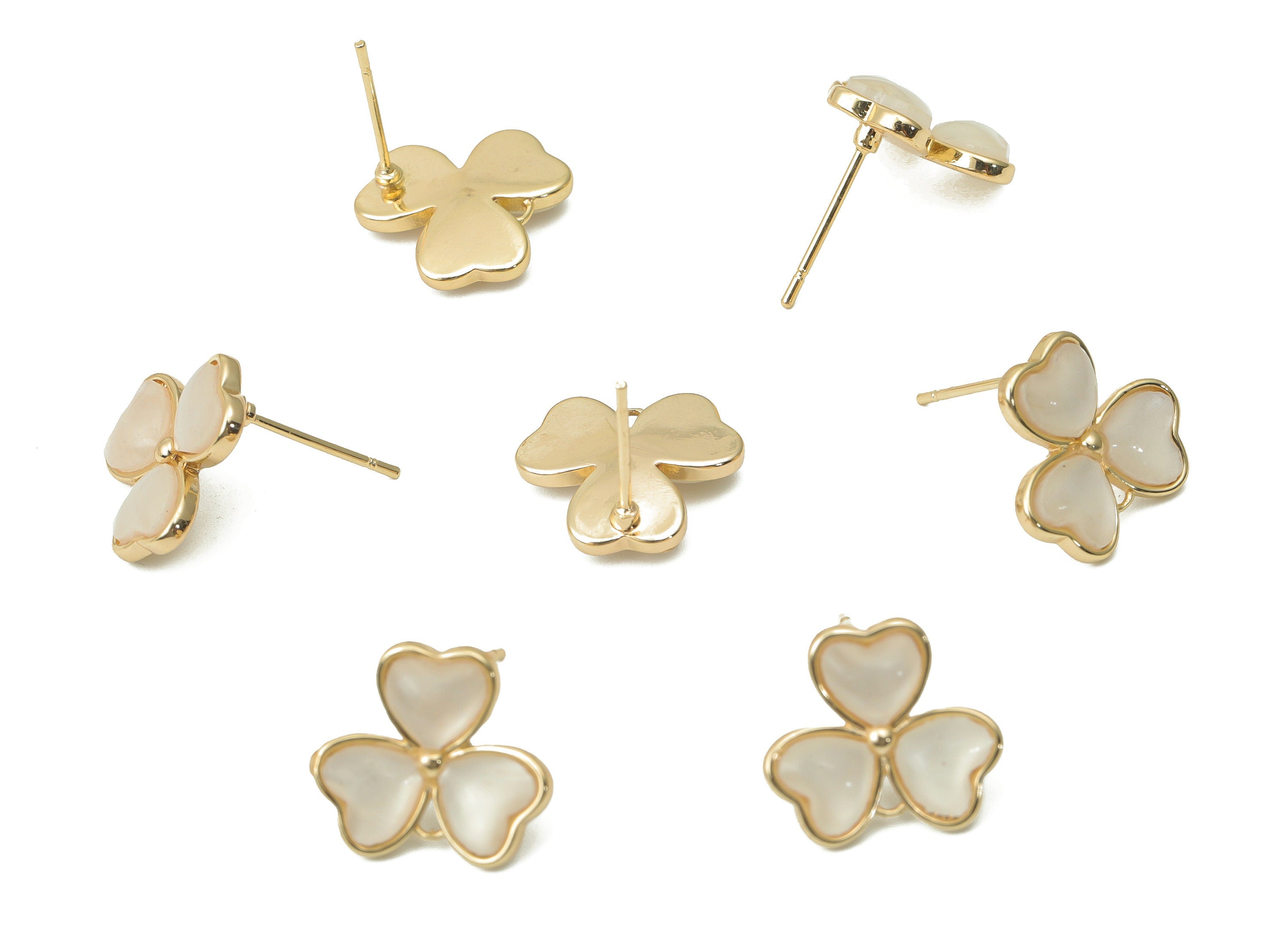 Brass Leaves Earring Stud - Shell Clover Heart Post - Silver Stud - 18k Real Gold Plated Brass - Jewelry Supplies - 13.5x13.5x3.3mm-RGP4398 - DOMEDBAZAAR