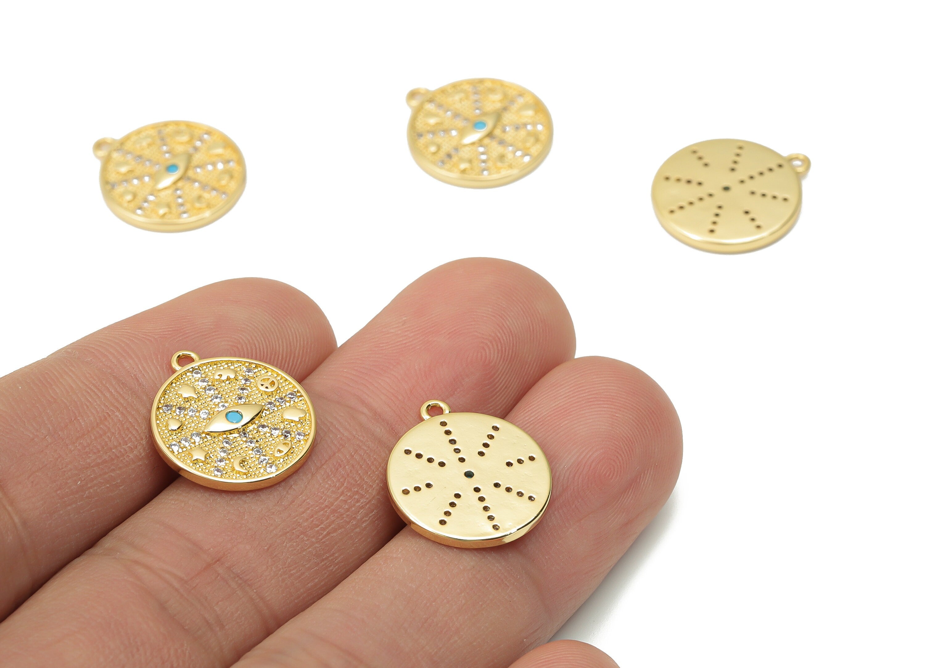 Brass Round Eye Earring Charms with Zincons - Gold Evil Eye Pendant - 18K Real Gold Plated - Jewelry Making - 17x14.96x1.54mm - RGP4359 - DOMEDBAZAAR