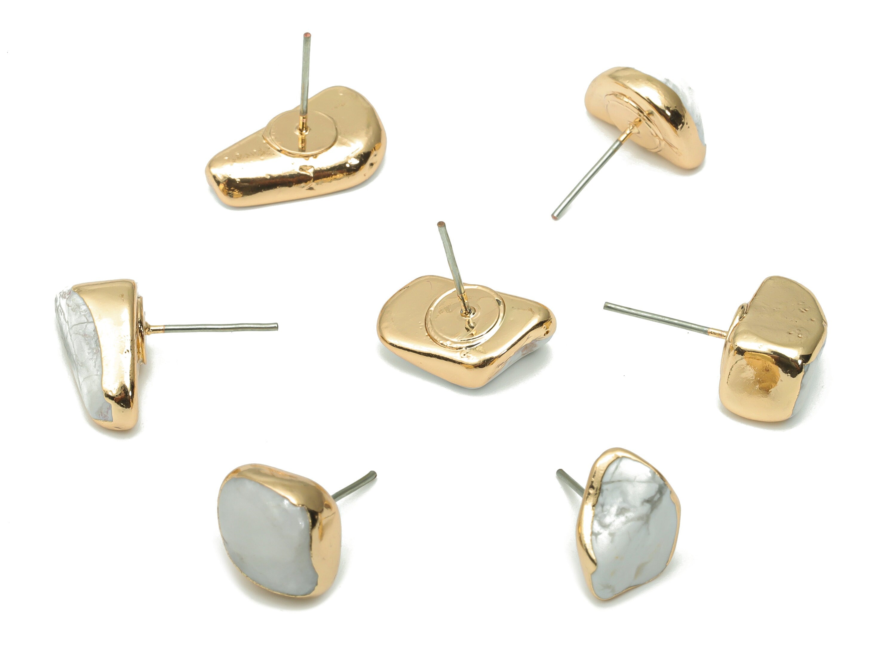 Howlite Stone Earring Stud - Brass Stone Earring Post - Gold Tone Plated Stone – Stainless Steel Stud - 15.17x8.04x8mm – NS1703B - DOMEDBAZAAR