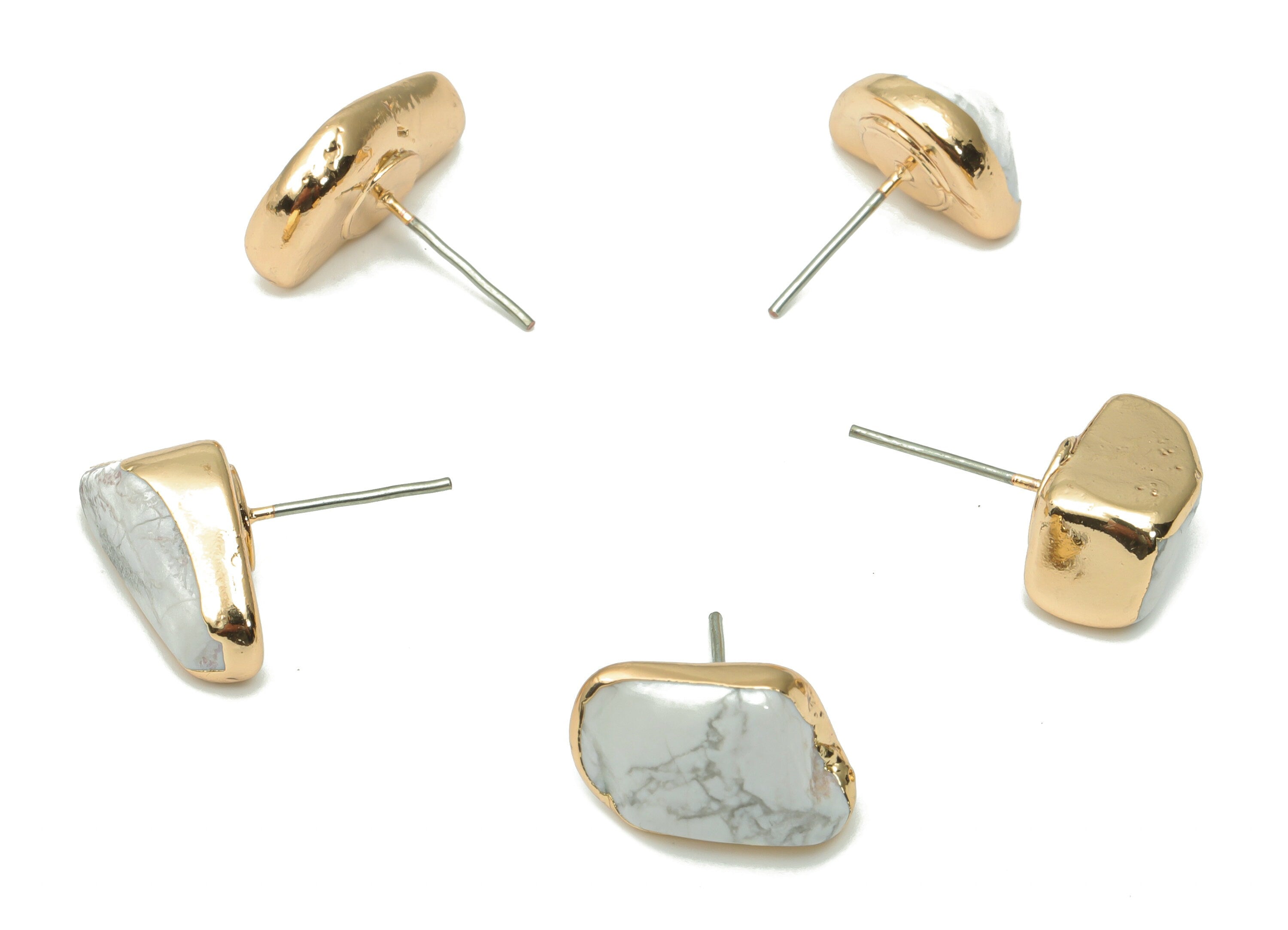 Howlite Stone Earring Stud - Brass Stone Earring Post - Gold Tone Plated Stone – Stainless Steel Stud - 15.17x8.04x8mm – NS1703B - DOMEDBAZAAR