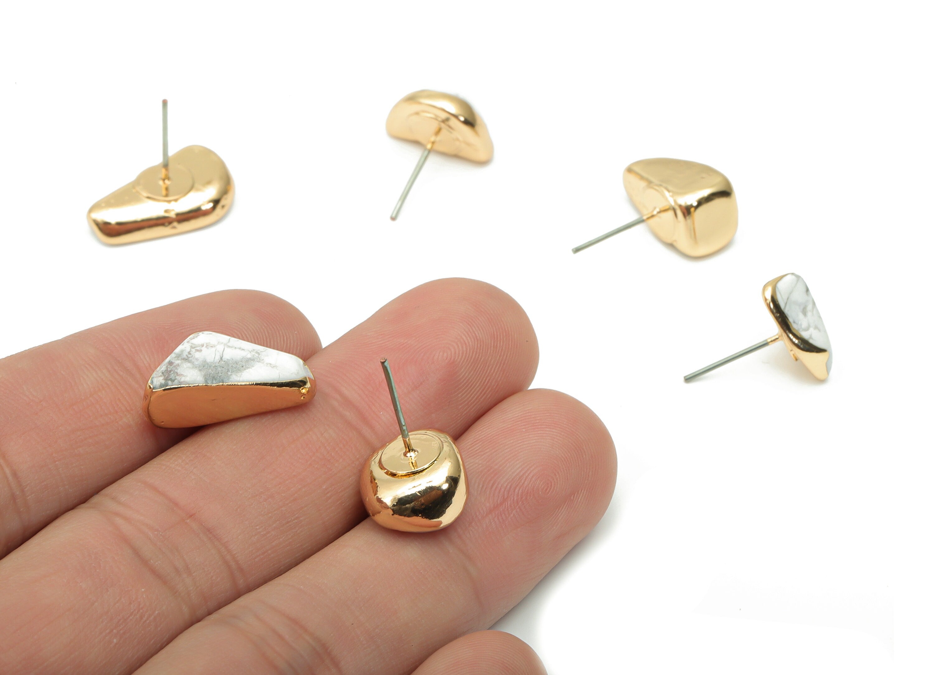 Howlite Stone Earring Stud - Brass Stone Earring Post - Gold Tone Plated Stone – Stainless Steel Stud - 15.17x8.04x8mm – NS1703B - DOMEDBAZAAR