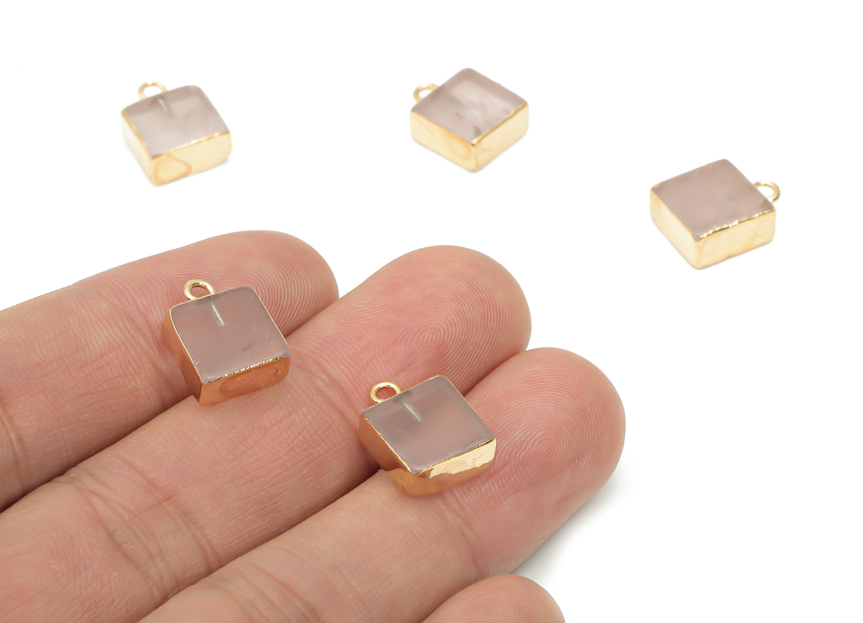 Rose Quartz Crystal Square Cube Charms - Brass Square Pendant - Natural Stone - Gold Tone Plated Brass – 13.98x9.96x5.33mm – NS1689B - DOMEDBAZAAR