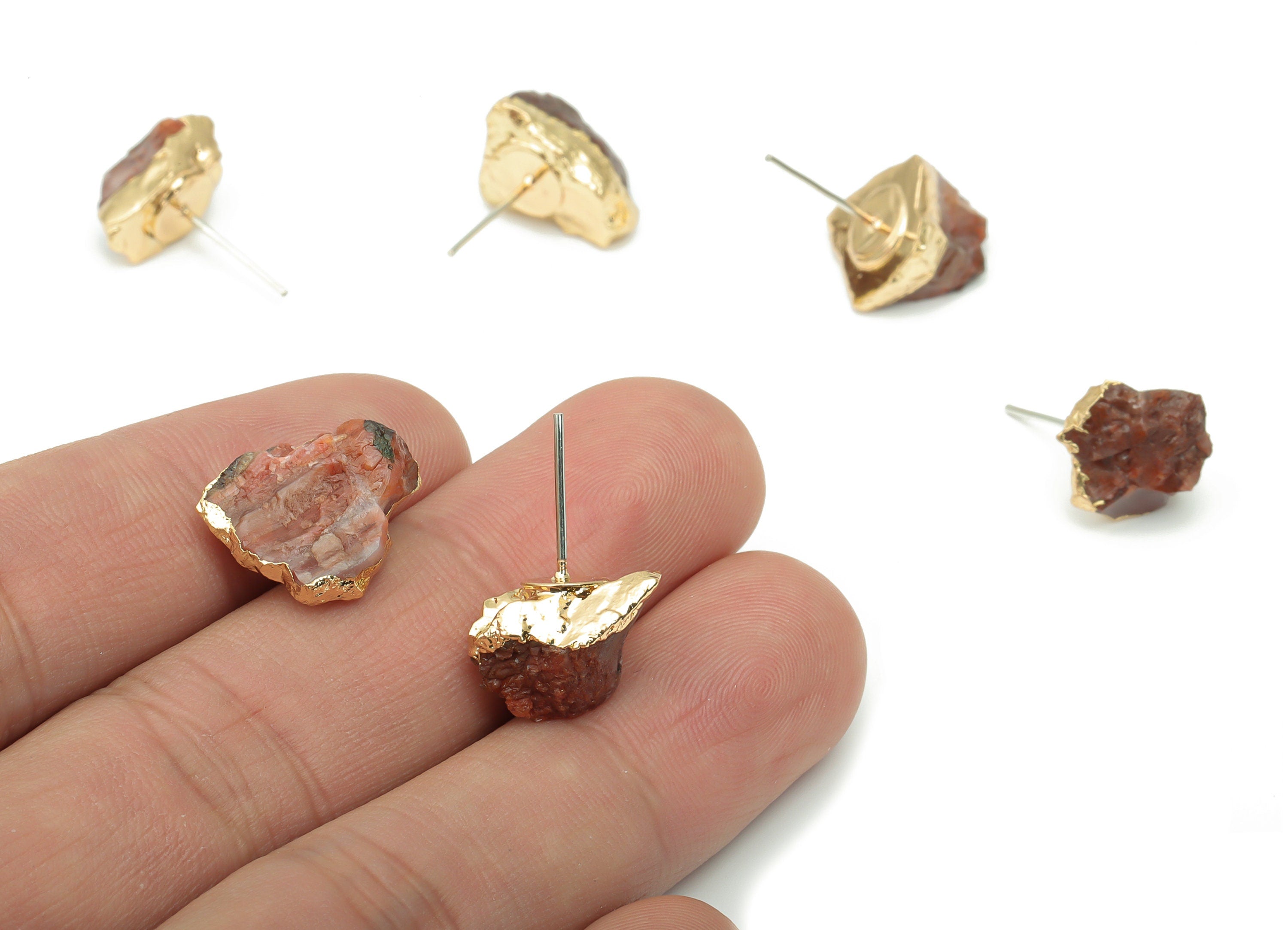 Red Jasper Stone Earring Stud - Brass Stone Earring Post - Gold Tone Plated Stone – Stainless Steel Stud - 12.87x12.58x10.08mm – NS1703C - DOMEDBAZAAR