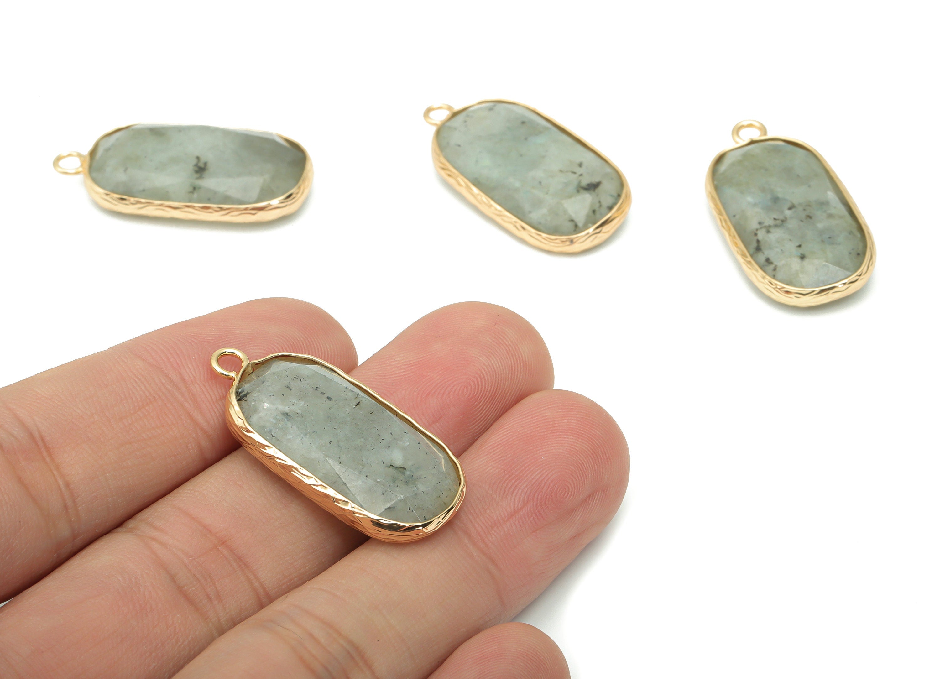 Labradorite Faceted Rectangle Earring Charms - Brass Rectangle Pendant - Natural Stone - Gold Tone Plated Brass – 31.1x15.54x5.95mm– NS1700D - DOMEDBAZAAR