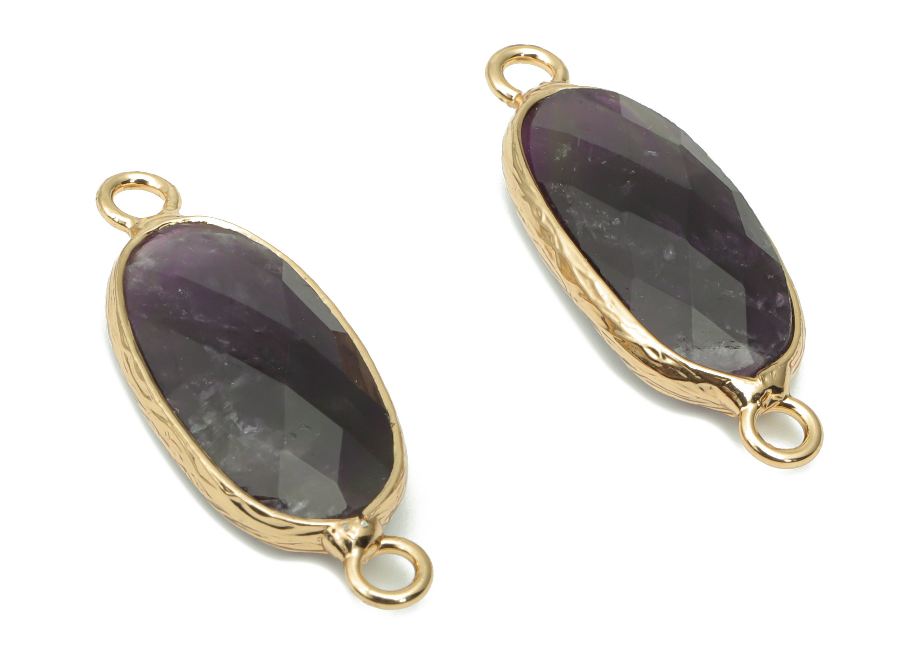 Amethyst Long Oval Earring Connector - Brass Oval Charms and Bracelet - Natural Stone - Gold Tone Plated Brass – 29.91x11.53x5.8mm - NS1698F - DOMEDBAZAAR