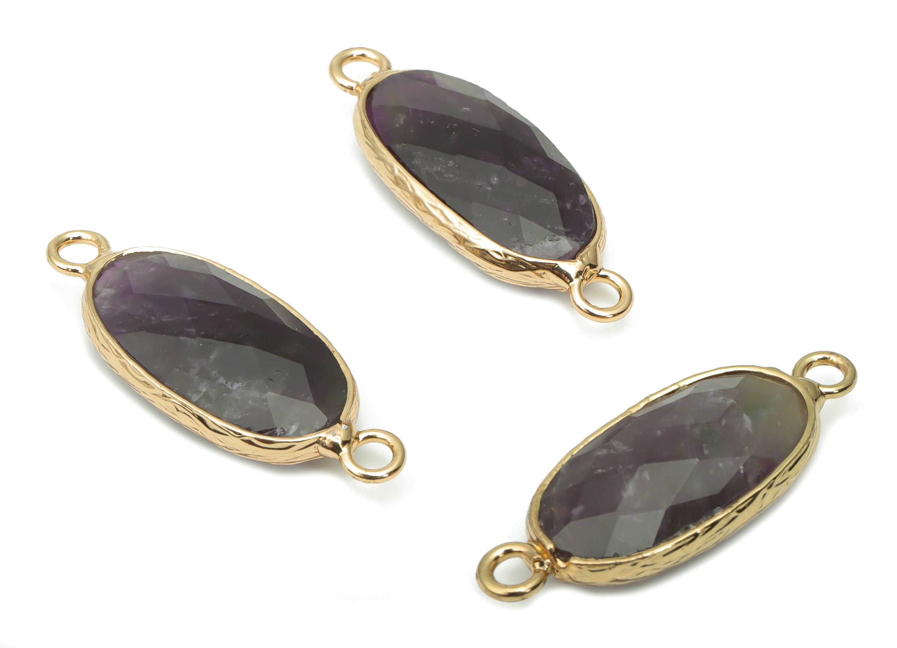 Amethyst Long Oval Earring Connector - Brass Oval Charms and Bracelet - Natural Stone - Gold Tone Plated Brass – 29.91x11.53x5.8mm - NS1698F - DOMEDBAZAAR
