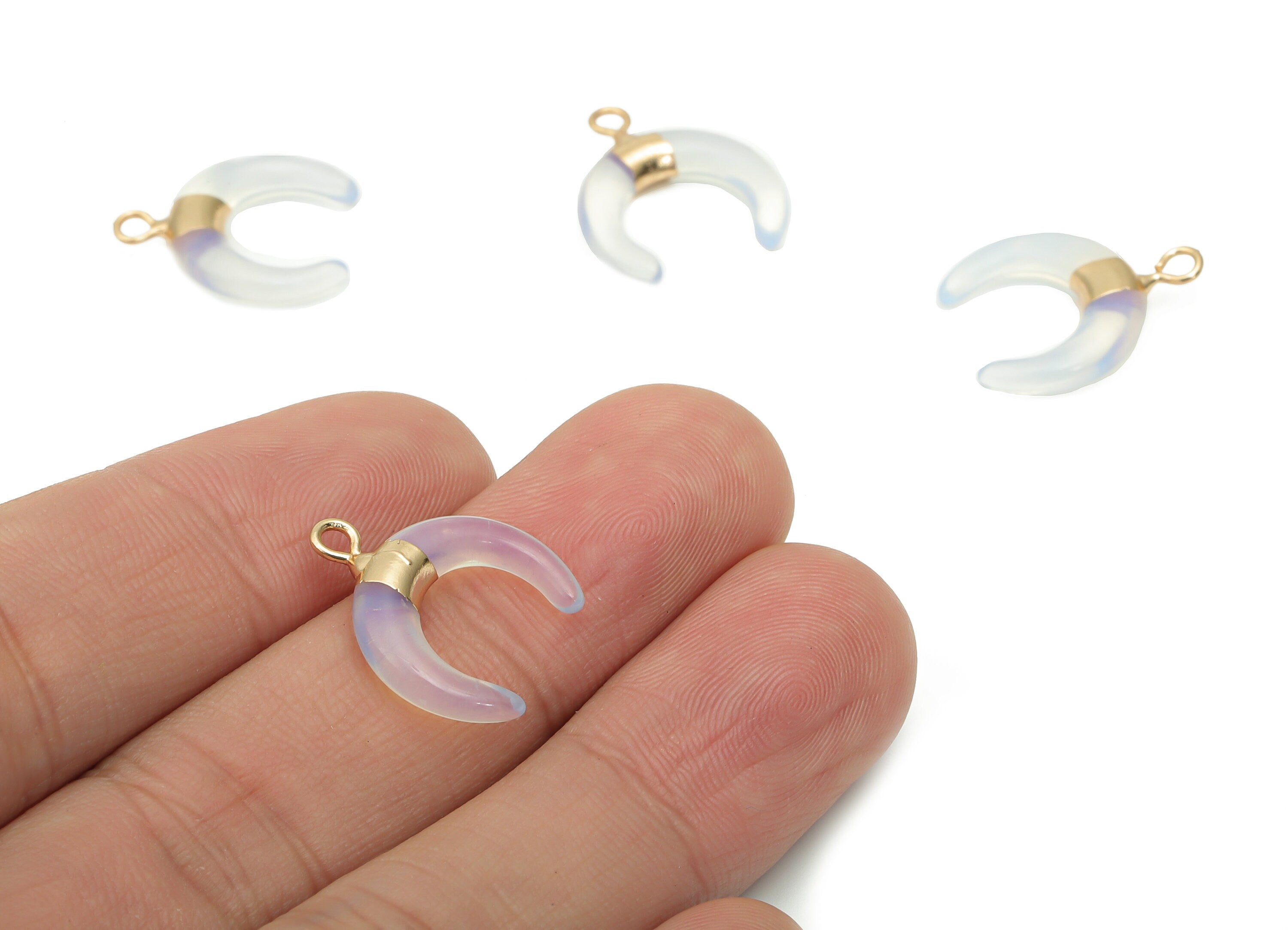 Opalite Ox Horn Earring Charms - Brass Crescent Pendant - Natural Stone - Gold Tone Plated Brass – Jewelry Supplies - 17.9x15.7x3.9mm–NS1692 - DOMEDBAZAAR