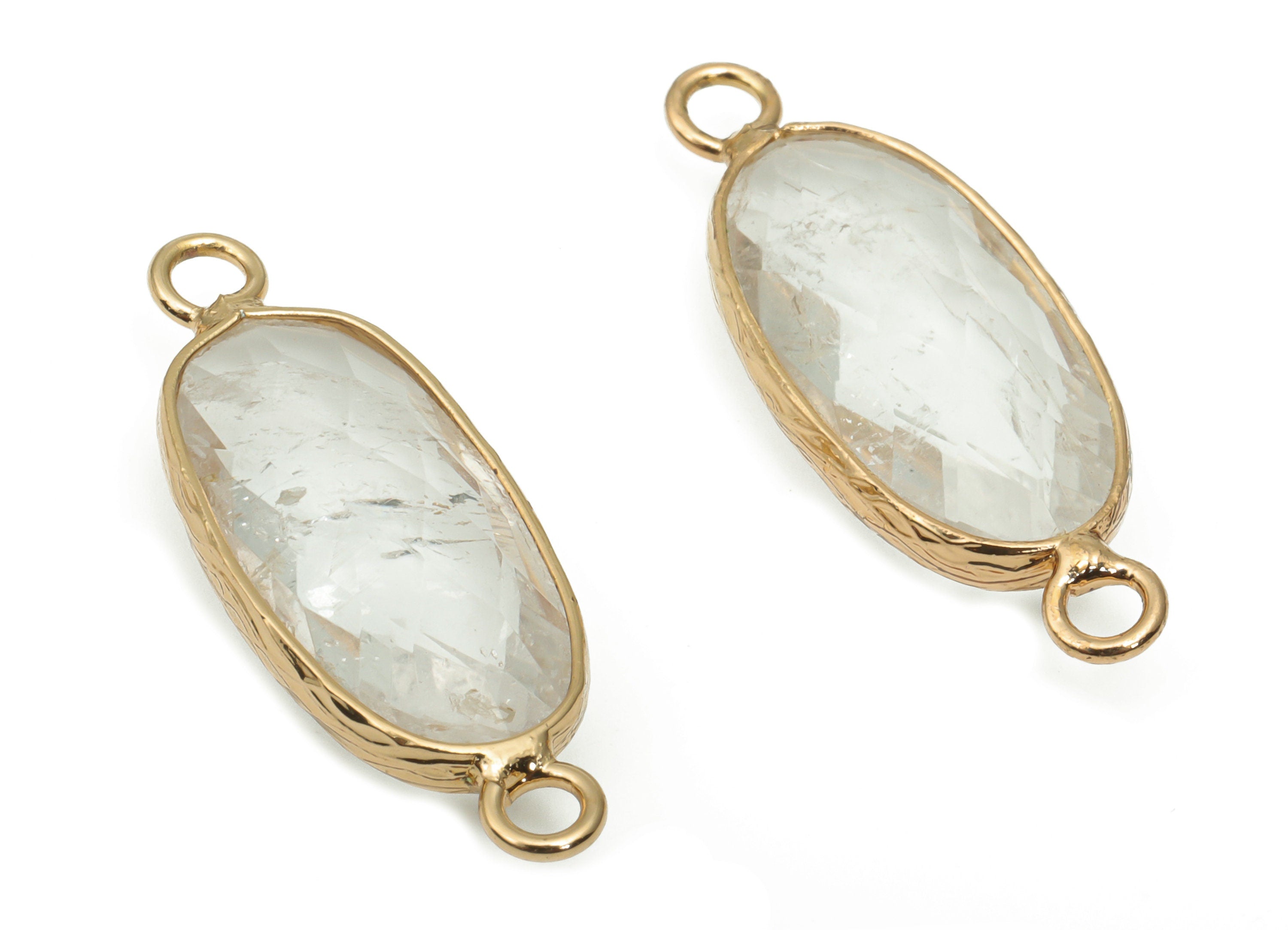 Clear Quartz Long Oval Earring Connector - Brass Oval Charms and Bracelet - Natural Stone - Gold Tone Plated Brass – 29.9x11.5x5.8mm-NS1698B - DOMEDBAZAAR