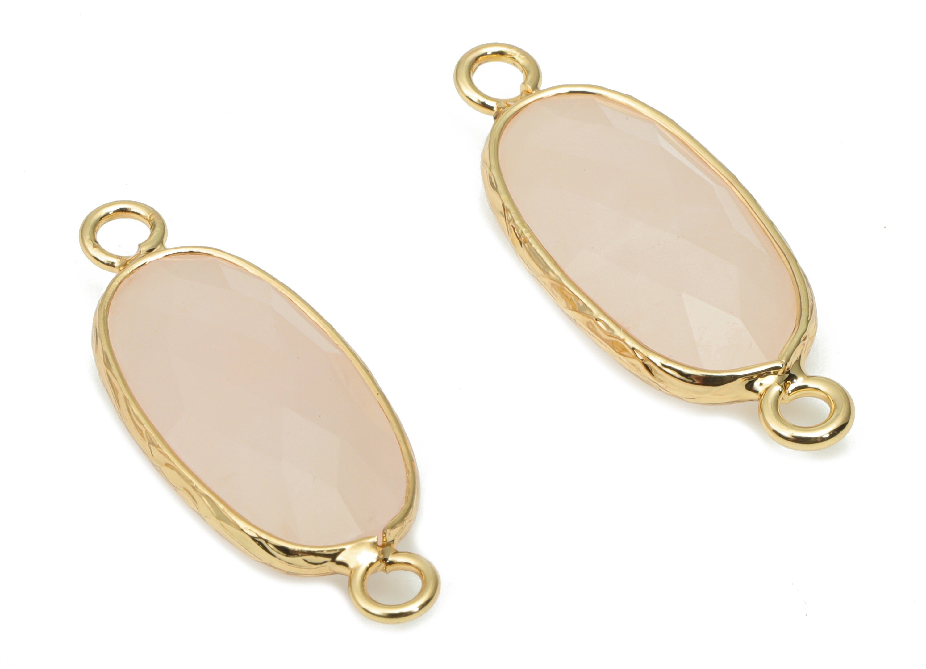 Rose Quartz Crystal Long Oval Connector - Brass Oval Charms and Bracelet - Natural Stone - Gold Tone Plated Brass – 29.9x11.5x5.8mm- NS1698C - DOMEDBAZAAR