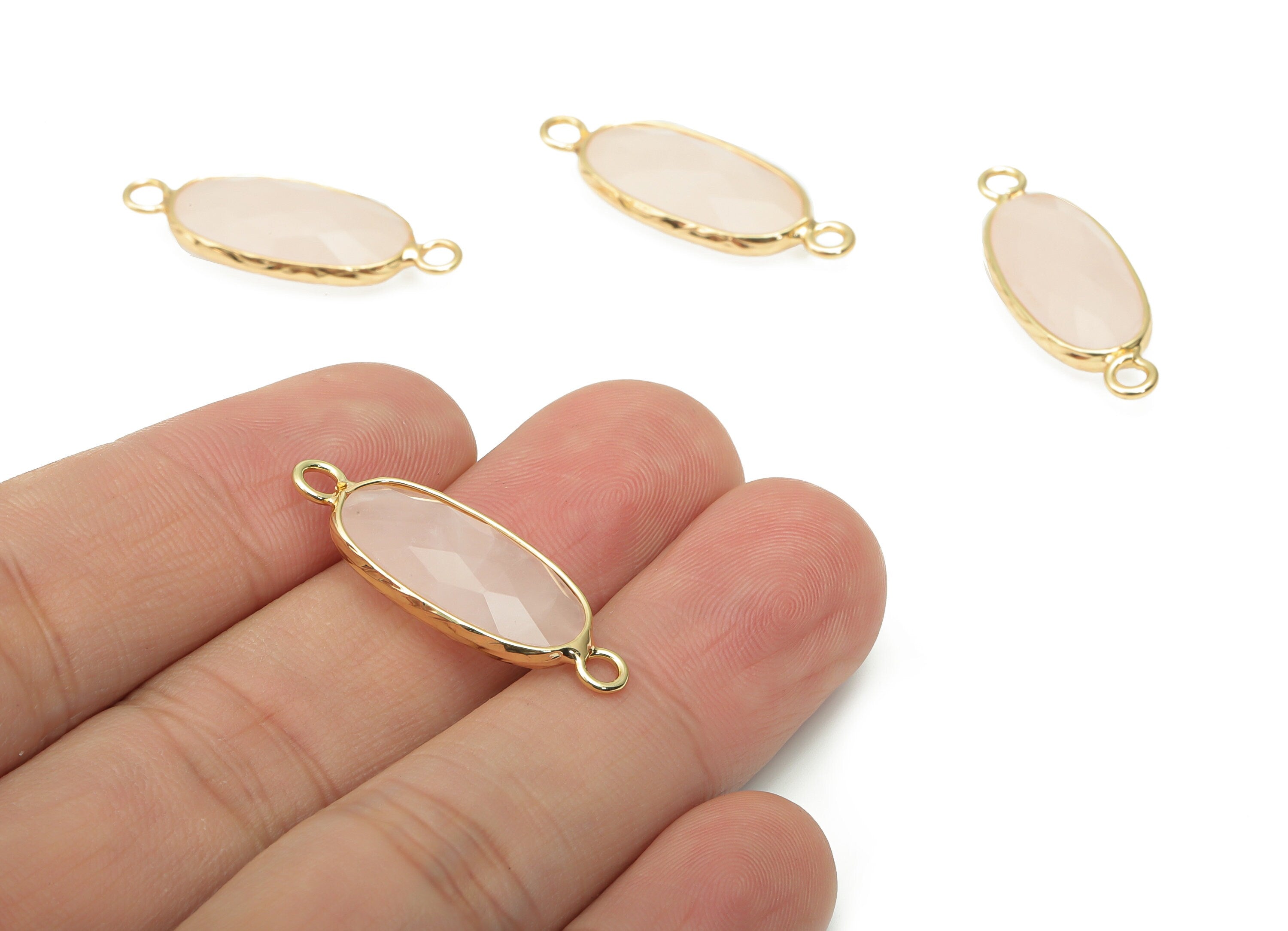 Rose Quartz Crystal Long Oval Connector - Brass Oval Charms and Bracelet - Natural Stone - Gold Tone Plated Brass – 29.9x11.5x5.8mm- NS1698C - DOMEDBAZAAR
