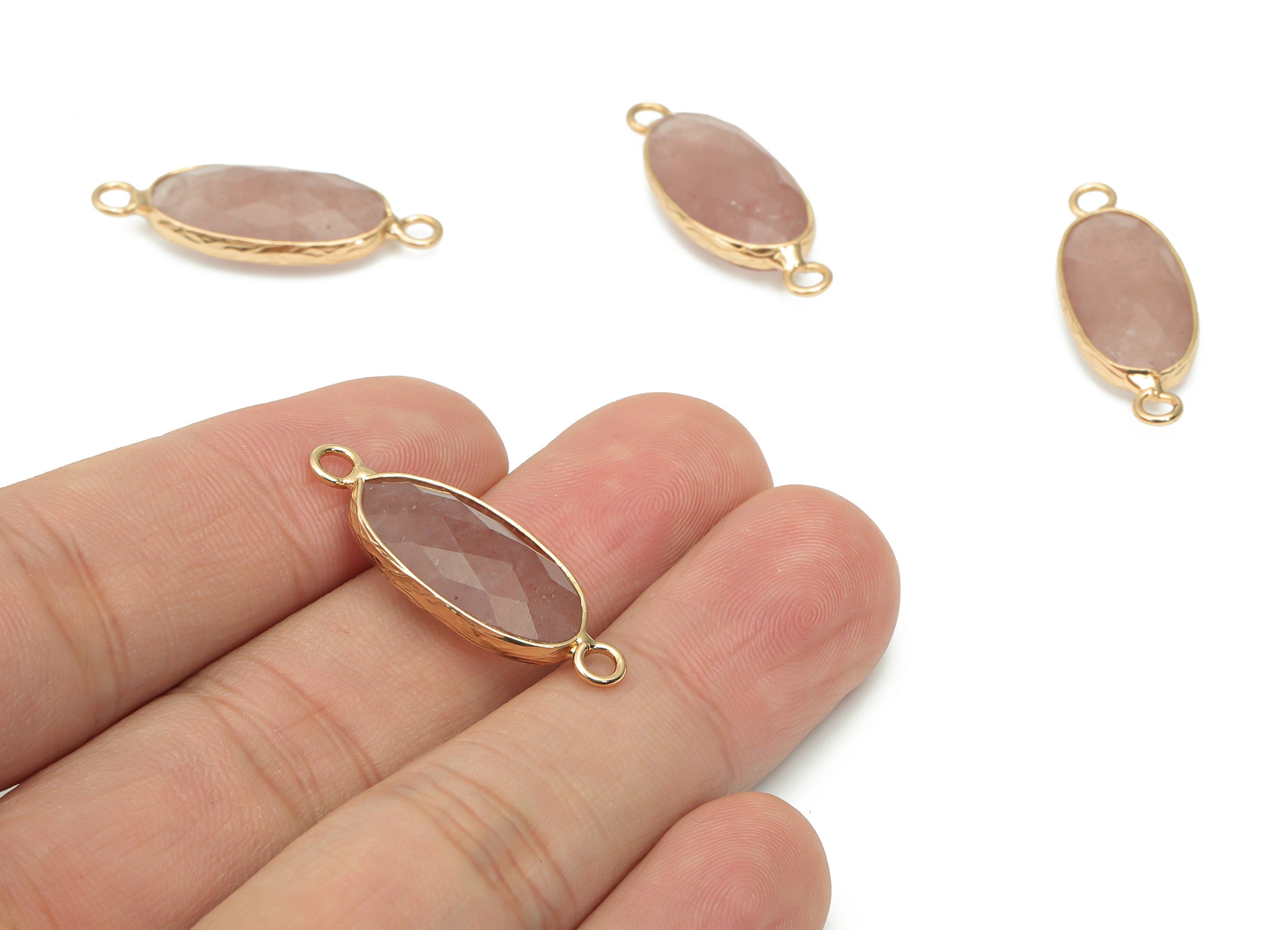 Strawberry Quartz Long Oval Connector - Brass Oval Charms and Bracelet - Natural Stone - Gold Tone Plated Brass – 29.9x11.5x5.8mm - NS1698A - DOMEDBAZAAR