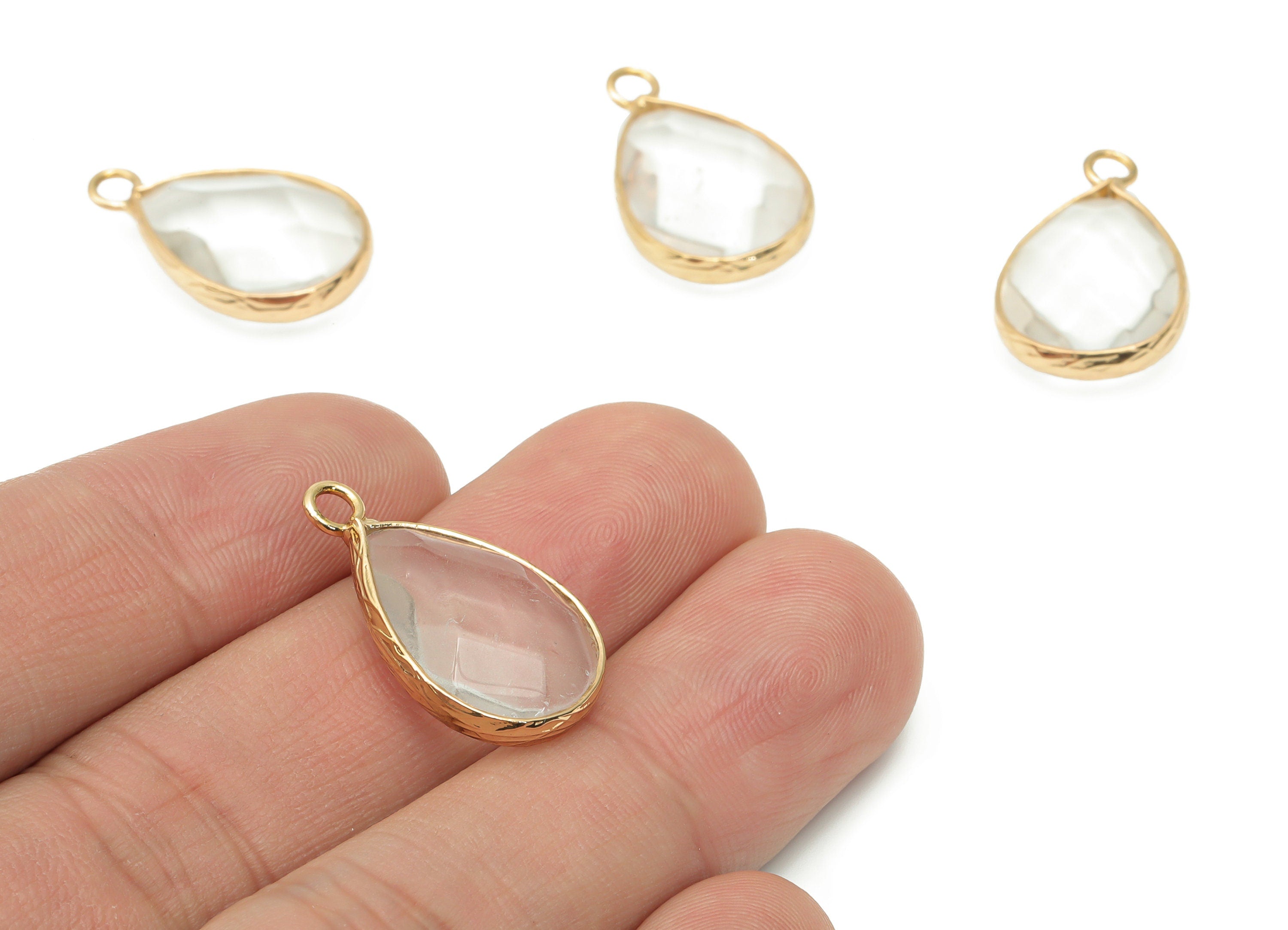 Clear Quartz Drop Earring Charms - Brass Teardrop Pendant - Natural Stone - Gold Tone Plated Brass – 22.58x13.85x6.17mm – NS1694A - DOMEDBAZAAR