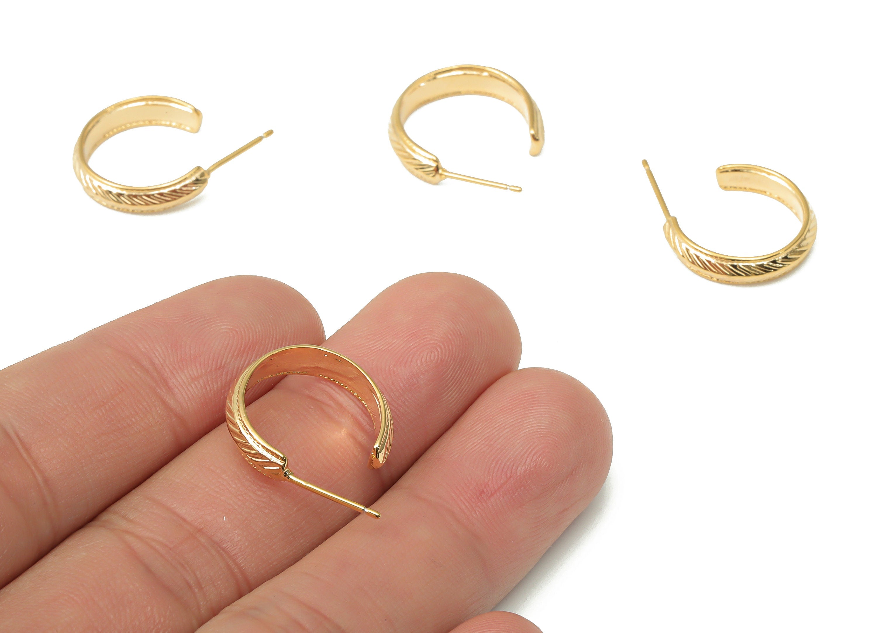 Brass C Branch Hoop Earring Stud - Gold C Hoop Earring Post - Stainless Steel Stud - 18k Real Gold Plated Brass - 17.36x15.2x1.6mm - RGP4484 - DOMEDBAZAAR