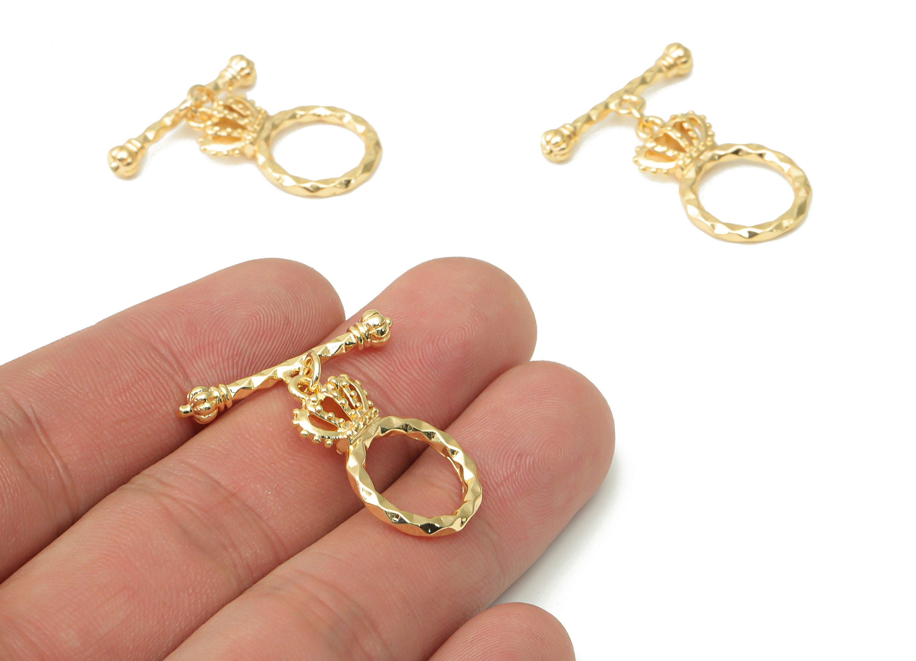 Brass Wave Round Diamond Line Toggle Clasps – Gold Crown Circle Toggle Clasp - 18K Real Gold Plated Brass – 24.14x14.8x4.7mm - RGP4511 - DOMEDBAZAAR