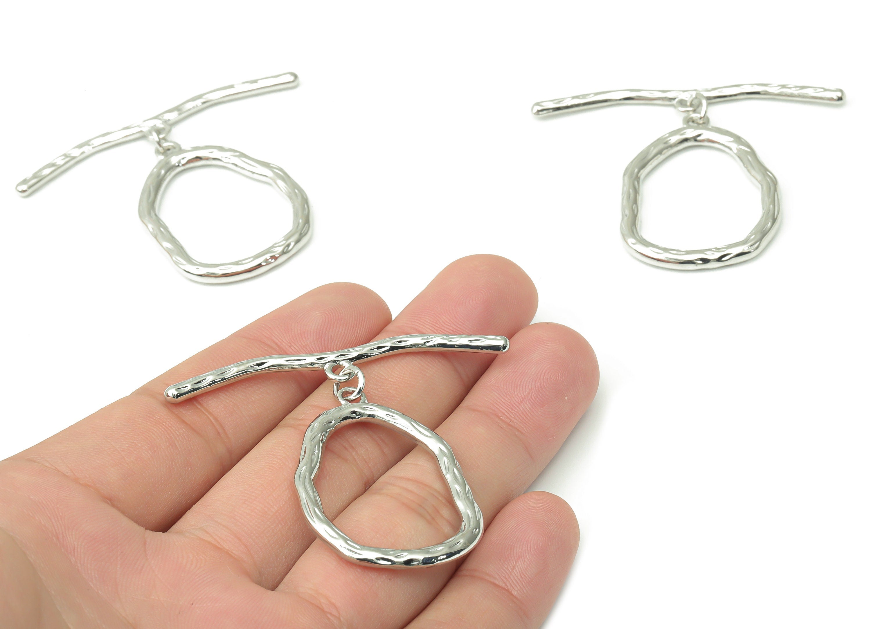 Brass Hammered Oval Toggle Clasps – White Gold Oval Toggle Clasp - 18K Real White Gold Plated Brass – 56.08x46.4x2.48mm - RGP4527S - DOMEDBAZAAR