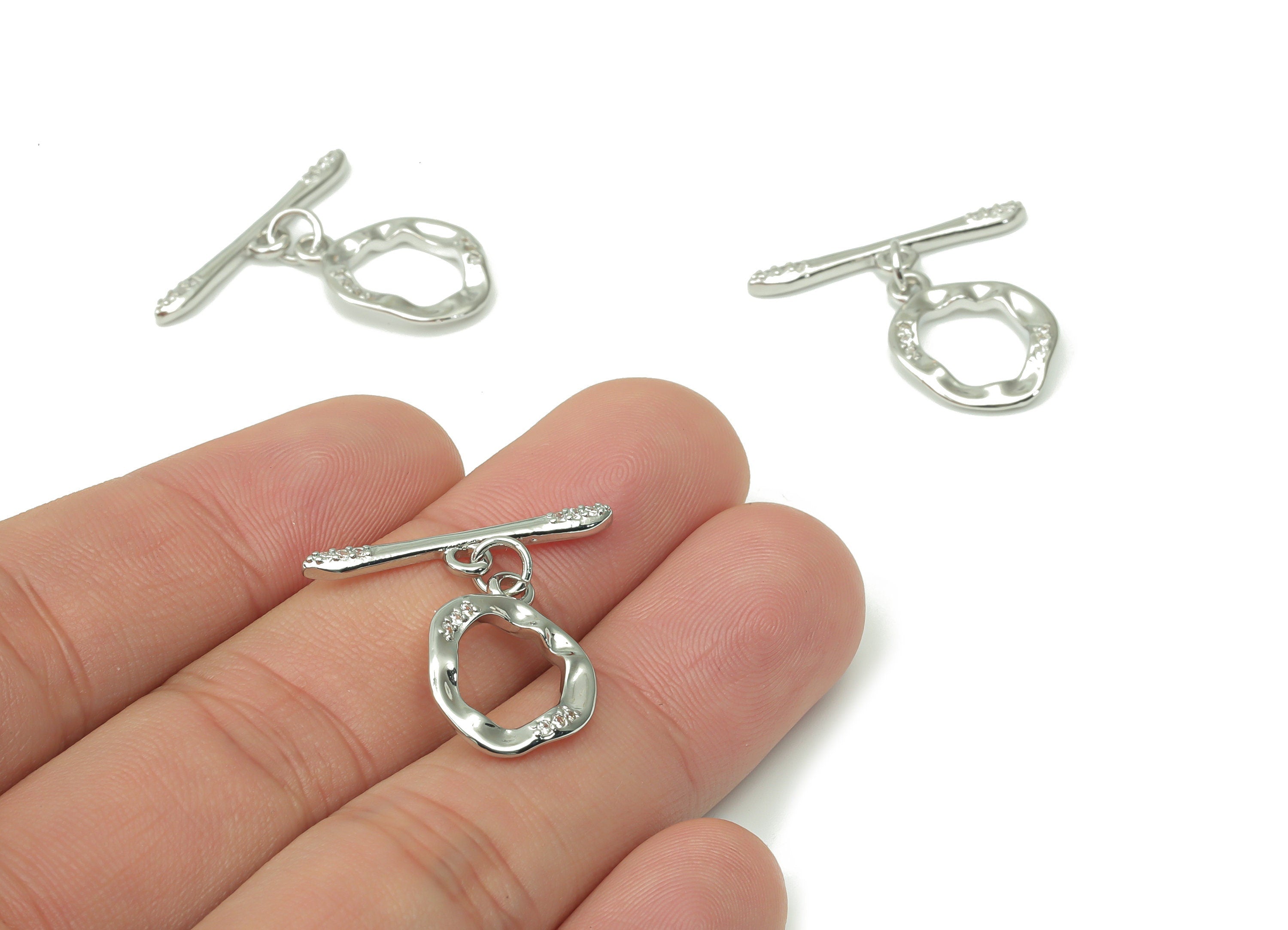 Brass Wave Round Toggle Clasp with Zircons – White Gold Circle Toggle Clasp - 18K Real White Gold Plated Brass – 25.76x21.7x1.9mm - RGP4533S - DOMEDBAZAAR