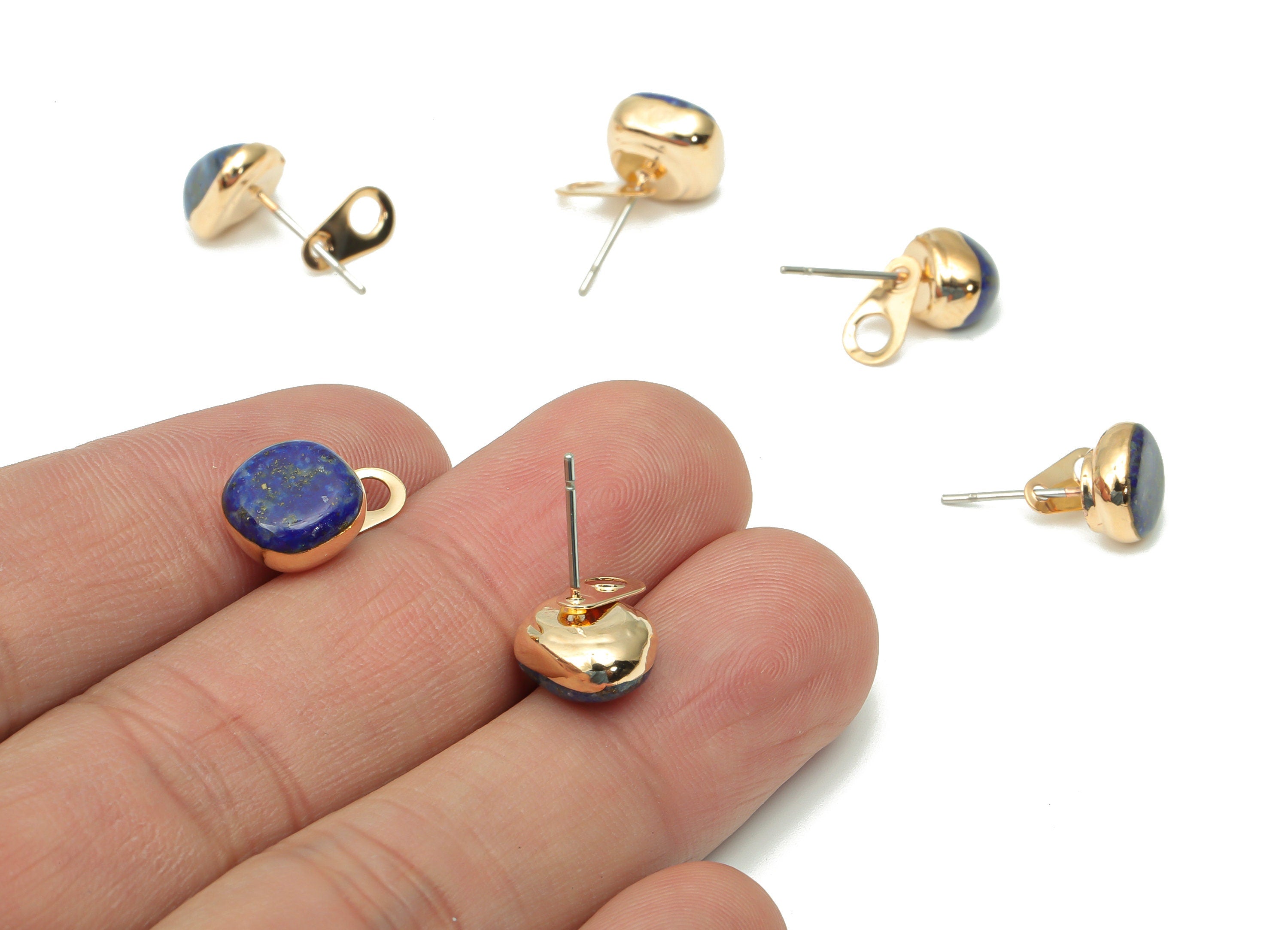 Aquamarine Earring Stud with Loop - Natural Stone Earring Post - Gold Tone Plated Stone – 316 Surgical Stainless Steel - 10x10x6mm– NS1762T - DOMEDBAZAAR