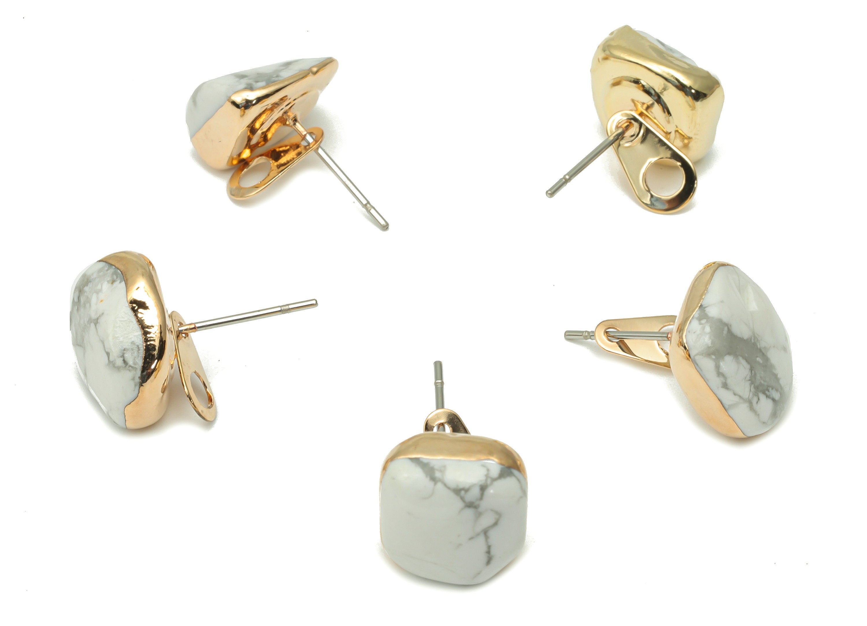 Howlite Earring Stud with Loop - Natural Stone Earring Post - Gold Tone Plated Stone – 316 Surgical Stainless Steel - 9.2x8.8x6mm – NS1762N - DOMEDBAZAAR