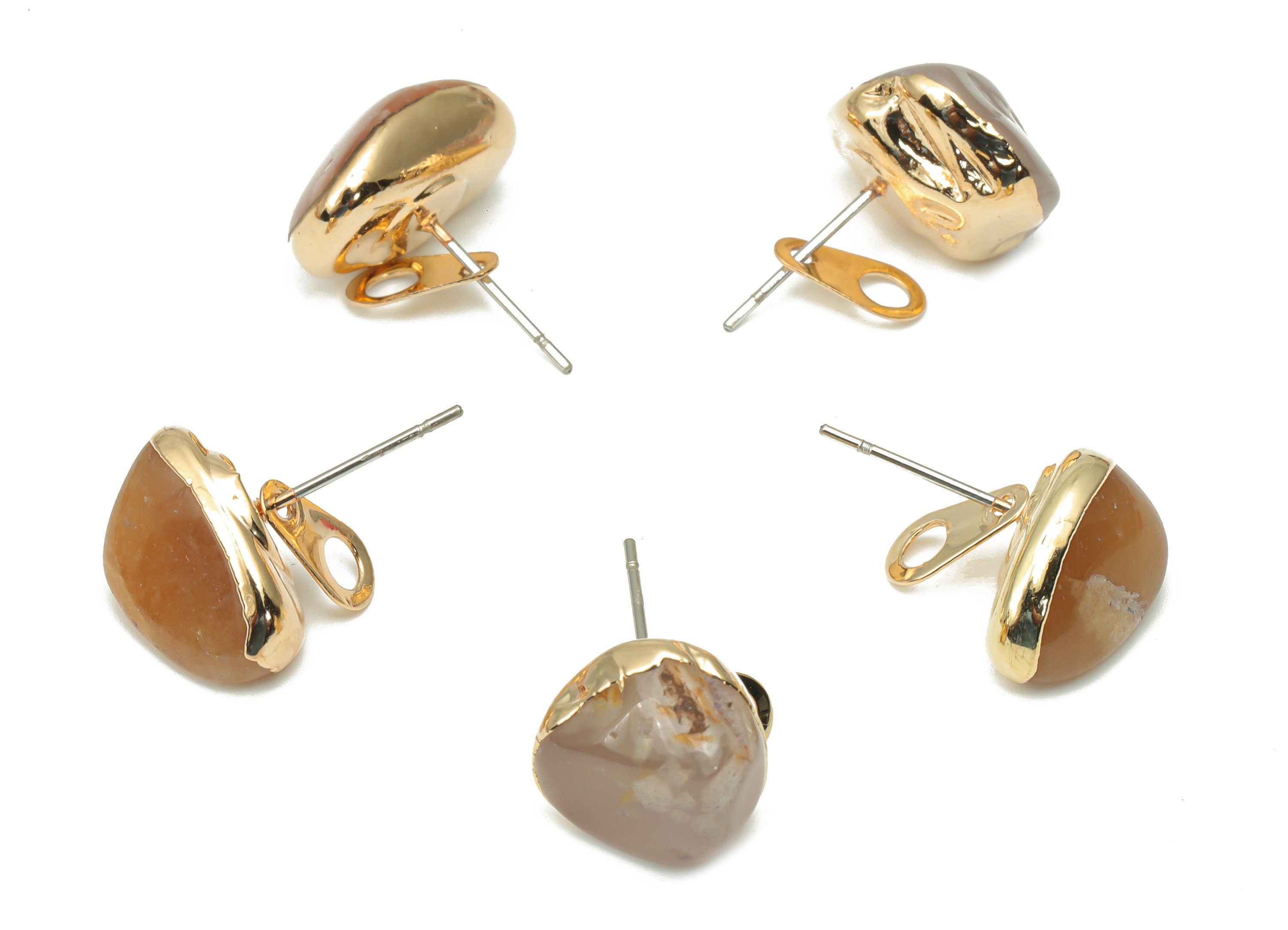 Flower Agate Stud with Loop - Natural Stone Earring Post - Gold Tone Plated Stone – 316 Surgical Stainless Steel - 9.64x8.8x4.7mm – NS1762L - DOMEDBAZAAR