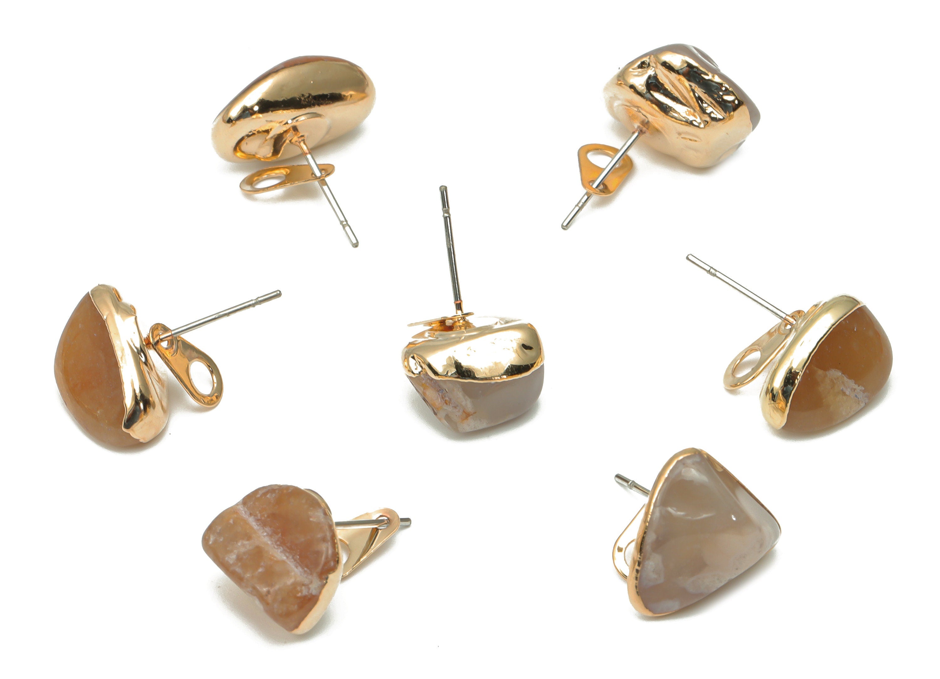 Flower Agate Stud with Loop - Natural Stone Earring Post - Gold Tone Plated Stone – 316 Surgical Stainless Steel - 9.64x8.8x4.7mm – NS1762L - DOMEDBAZAAR