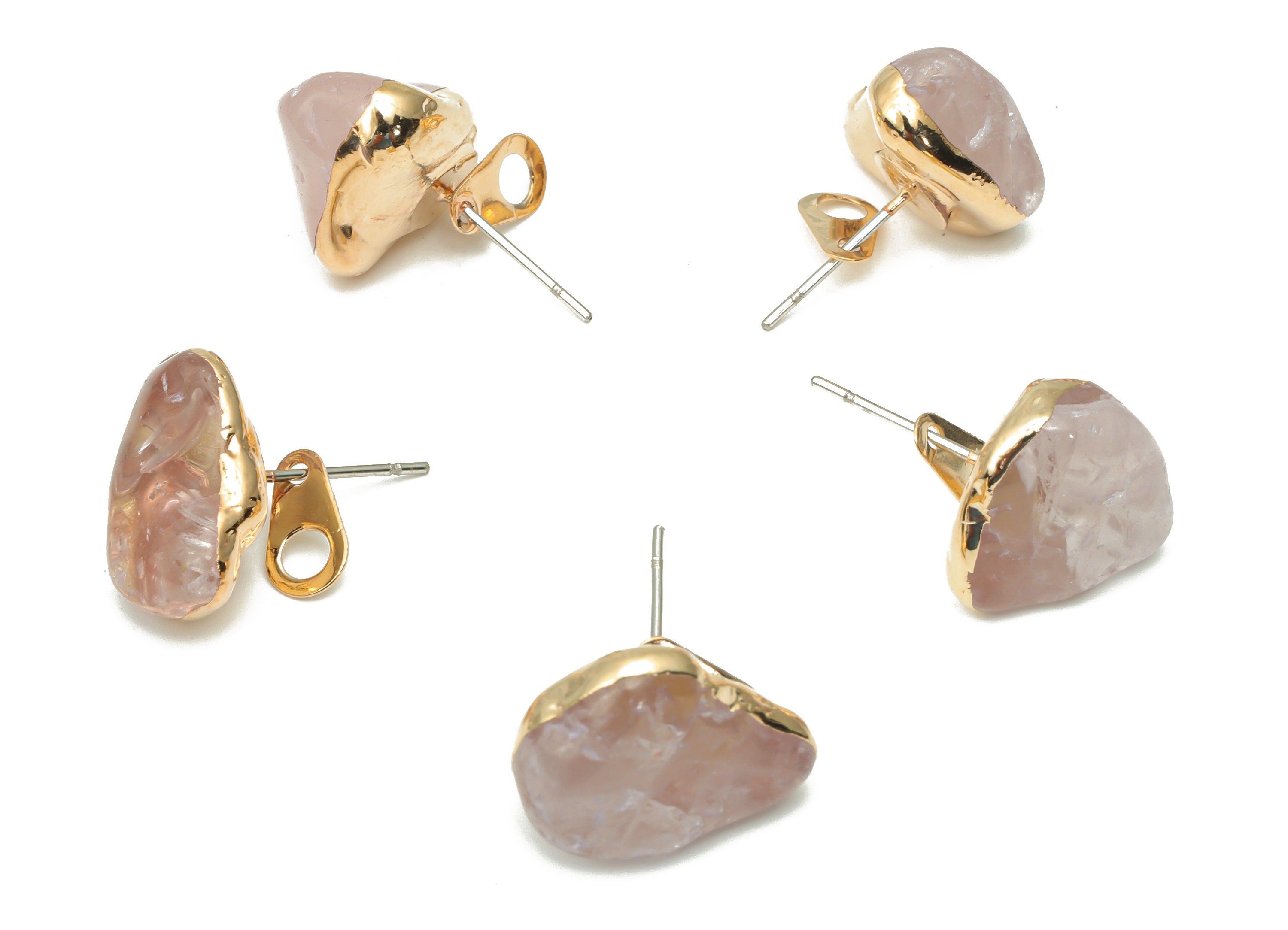 Rose Quartz Stud with Loop - Natural Stone Earring Post - Gold Tone Plated Stone – 316 Surgical Stainless Steel - 13.5x11.3x5.5mm – NS1762H - DOMEDBAZAAR