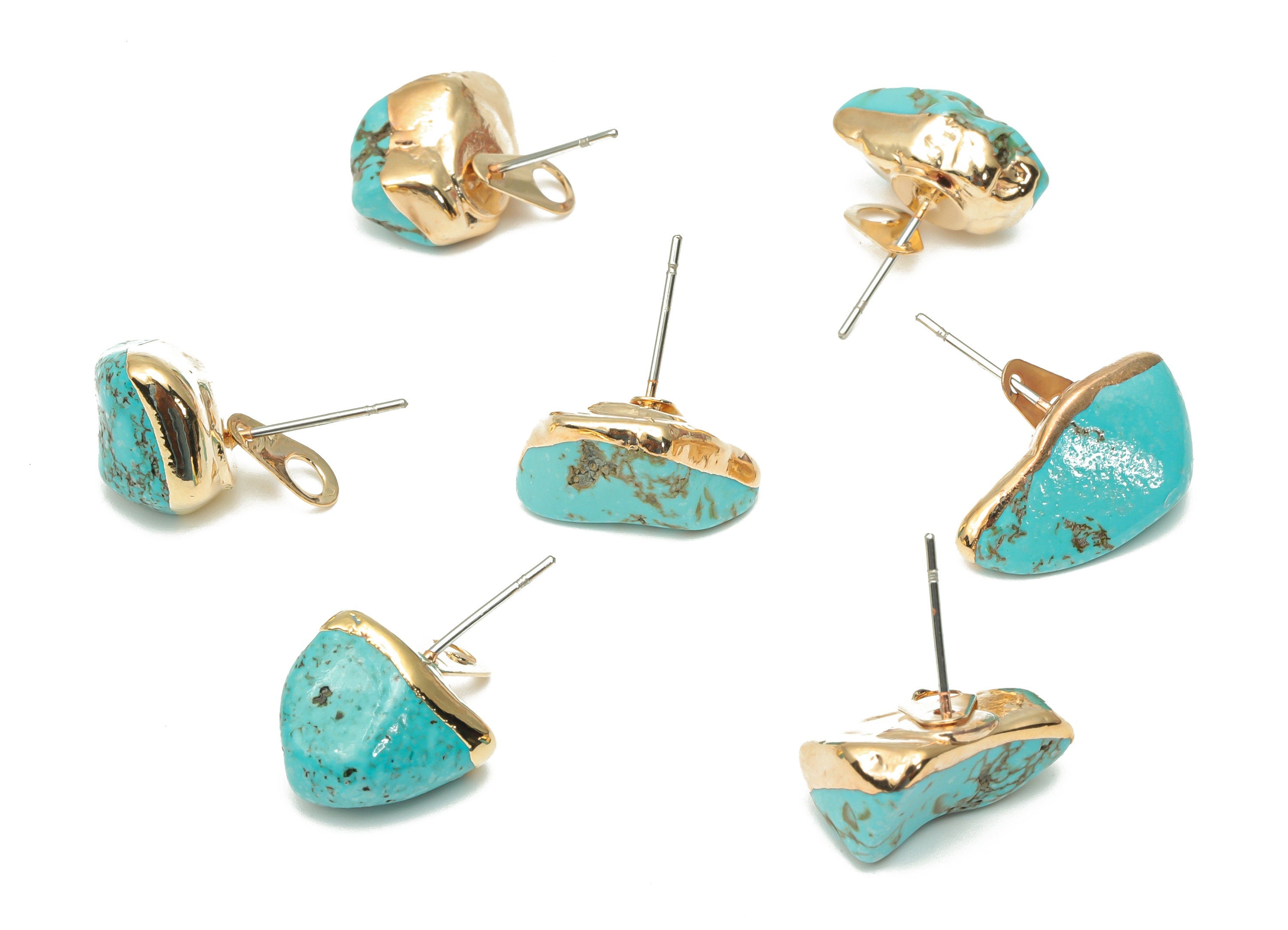 Turquoise Stud with Loop - Natural Stone Earring Post - Gold Tone Plated Stone – 316 Surgical Stainless Steel - 14.87x10.88x9.1mm – NS1762Y - DOMEDBAZAAR