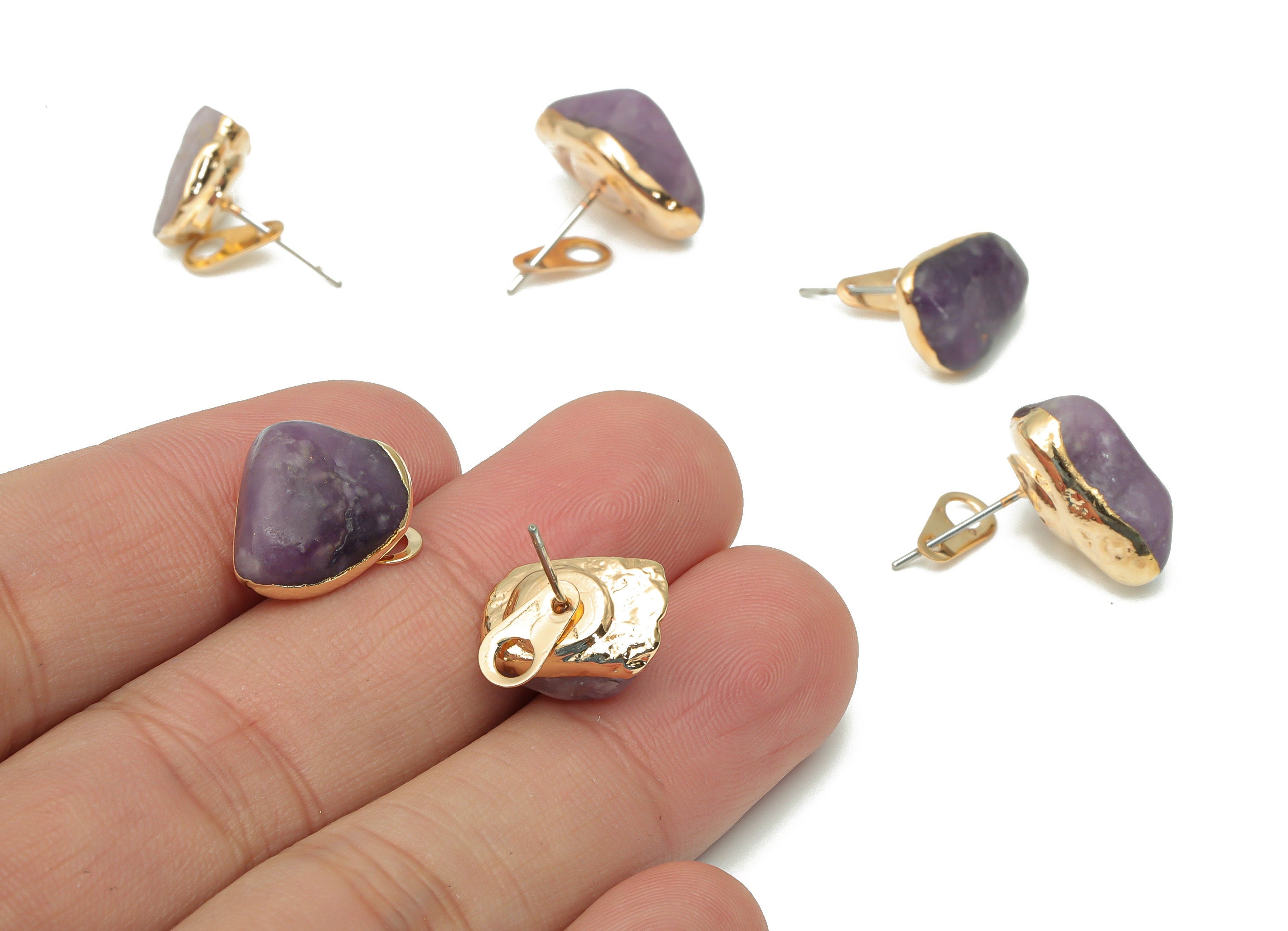 Lepidolite Stud with Loop - Natural Stone Earring Post - Gold Tone Plated Stone – 316 Surgical Stainless Steel - 11.37x8.54x8.2mm – NS1762G - DOMEDBAZAAR
