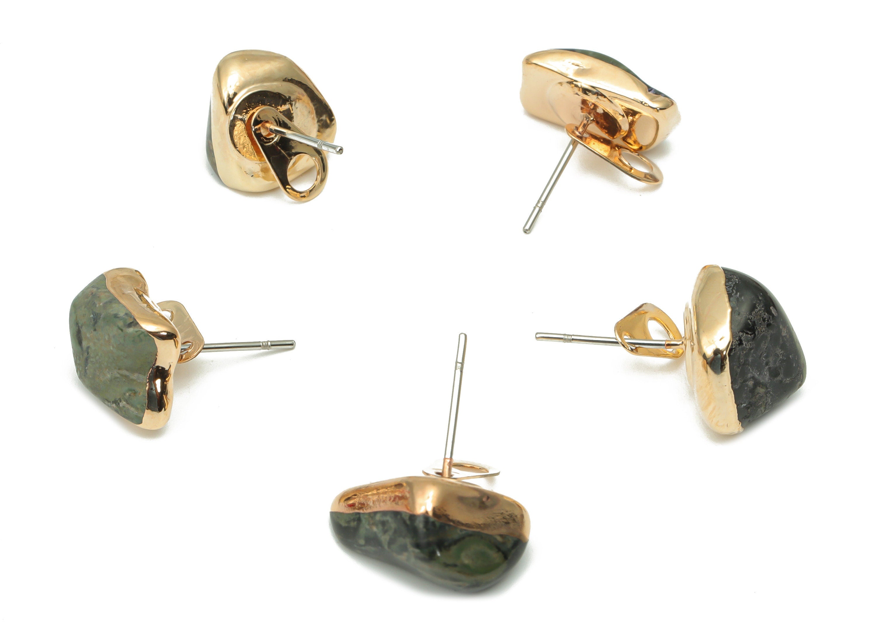 Jasper Earring Stud with Loop - Natural Stone Earring Post - Gold Tone Plated Stone – 316 Surgical Stainless Steel - 9.35x8x7mm – NS1762F - DOMEDBAZAAR