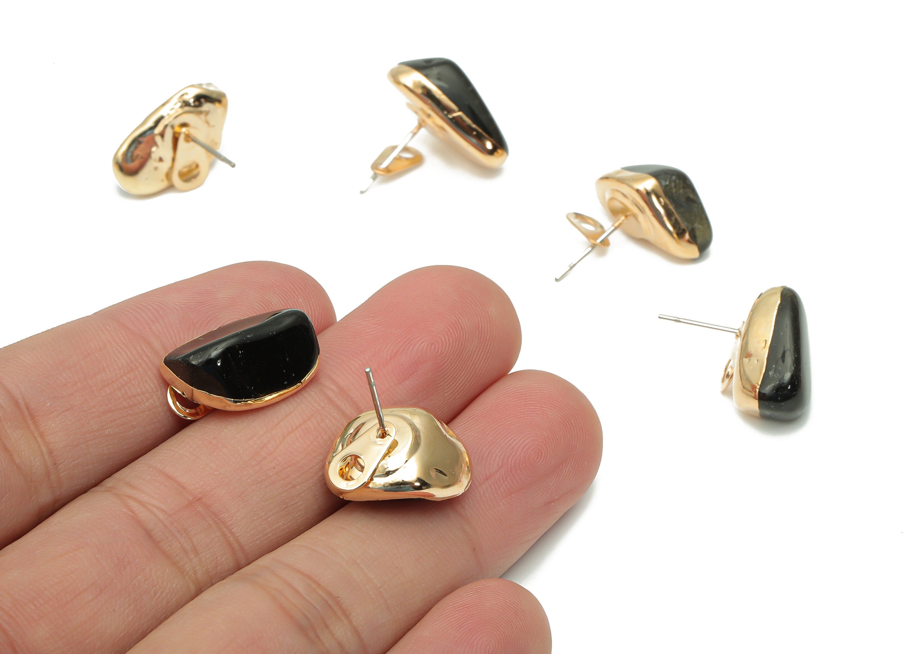 Garnet Earring Stud with Loop - Natural Stone Earring Post - Gold Tone Plated Stone – 316 Surgical Stainless Steel - 10.32x10x9mm – NS1762C - DOMEDBAZAAR