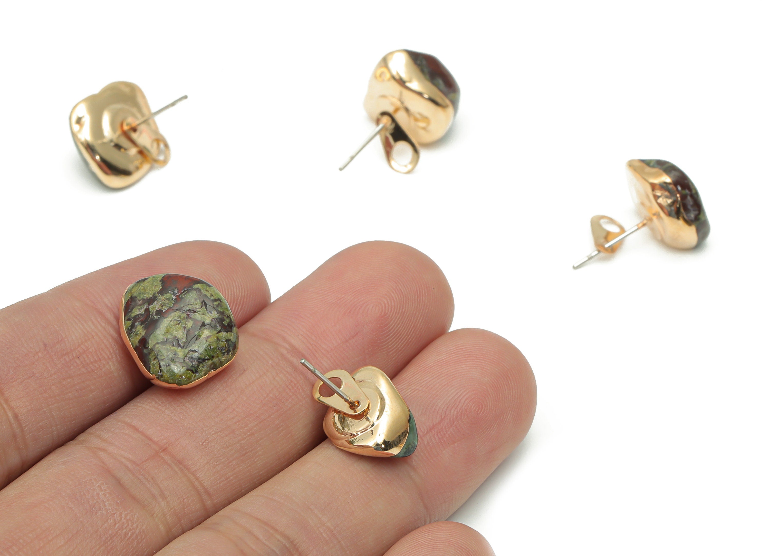Dragon Blood Stud with Loop - Natural Stone Earring Post - Gold Tone Plated Stone – 316 Surgical Stainless Steel - 14.66x14x11mm – NS1762B - DOMEDBAZAAR