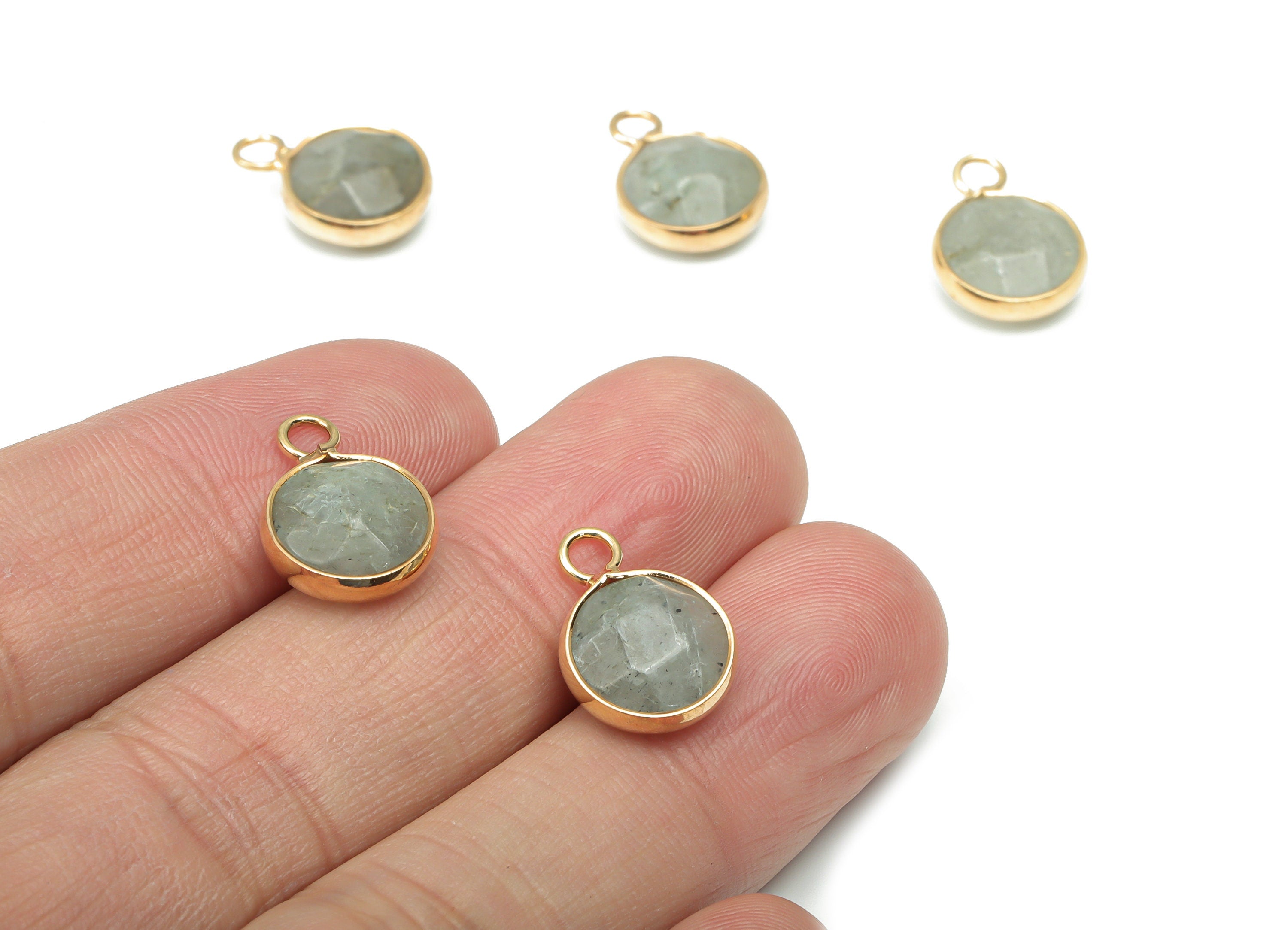 Labradorite Faceted Round Earring Charms - Brass Circle Pendant - Natural Stone - Gold Tone Plated Brass – 15.3x11.3x5.5mm – NS1685B - DOMEDBAZAAR