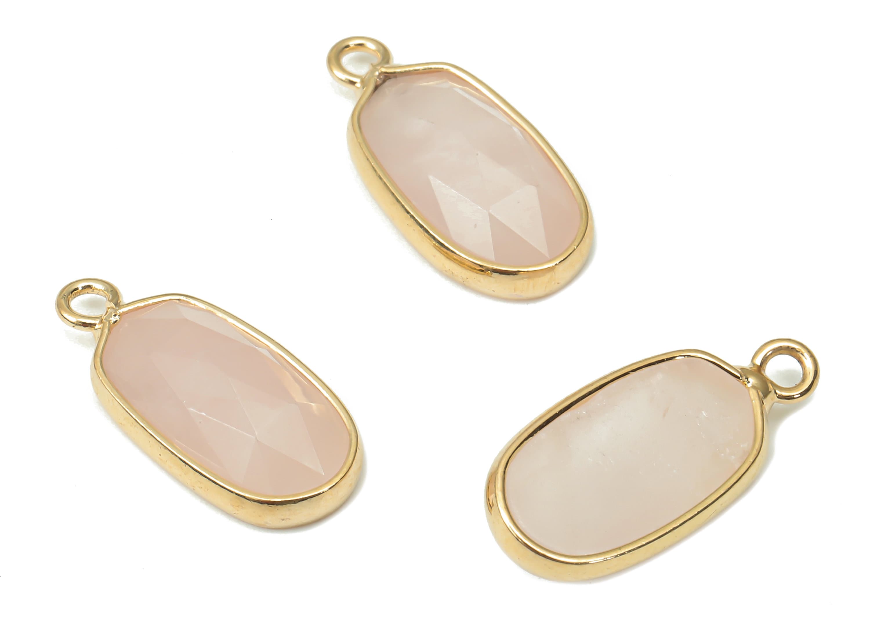 Rose Quartz Oval Earring Charms - Brass Faceted Oval Pendant - Crystal Natural Stone - Gold Tone Plated Brass – 17.72x8.2x3.96mm – NS1852 - DOMEDBAZAAR