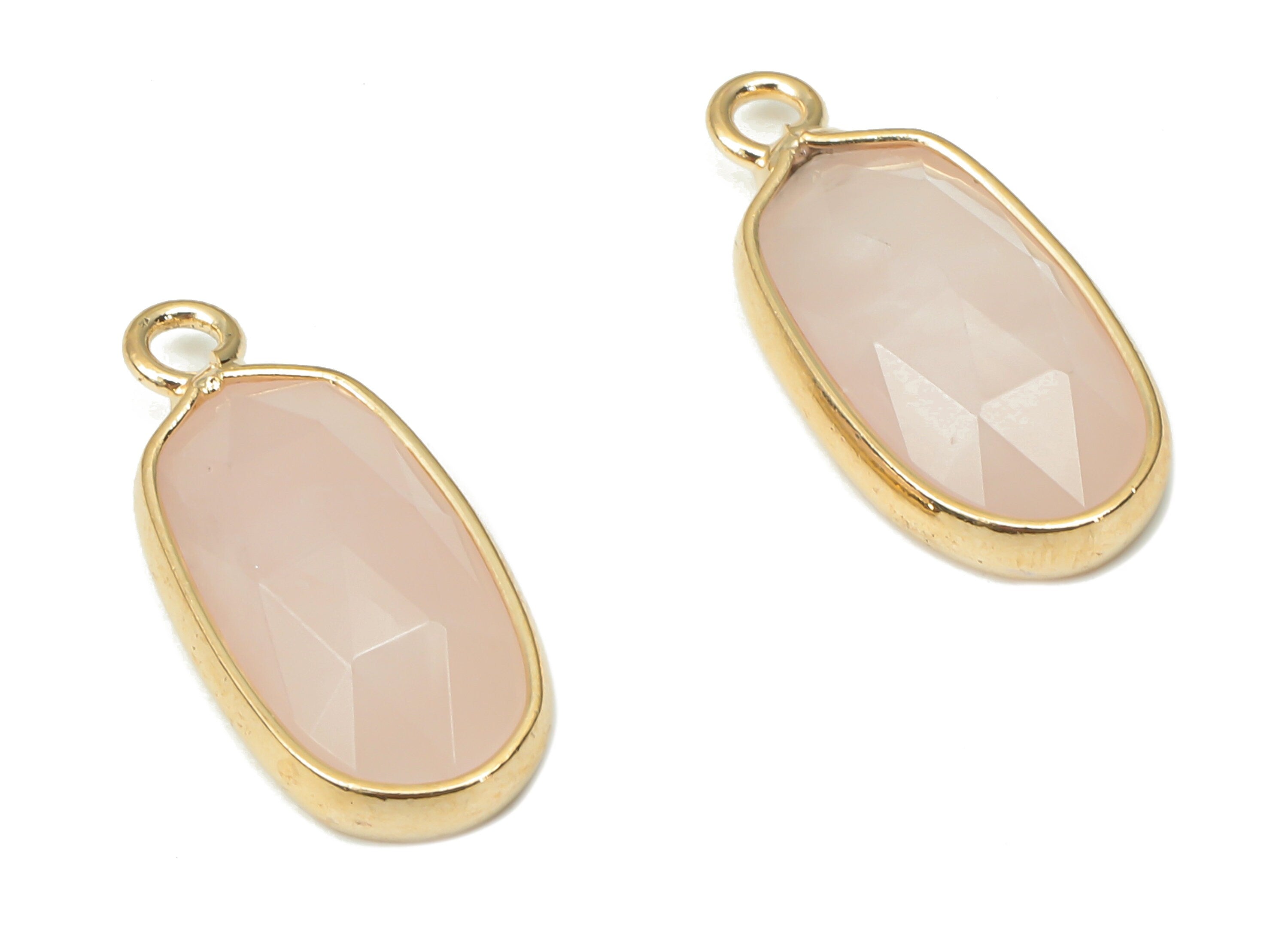 Rose Quartz Oval Earring Charms - Brass Faceted Oval Pendant - Crystal Natural Stone - Gold Tone Plated Brass – 17.72x8.2x3.96mm – NS1852 - DOMEDBAZAAR
