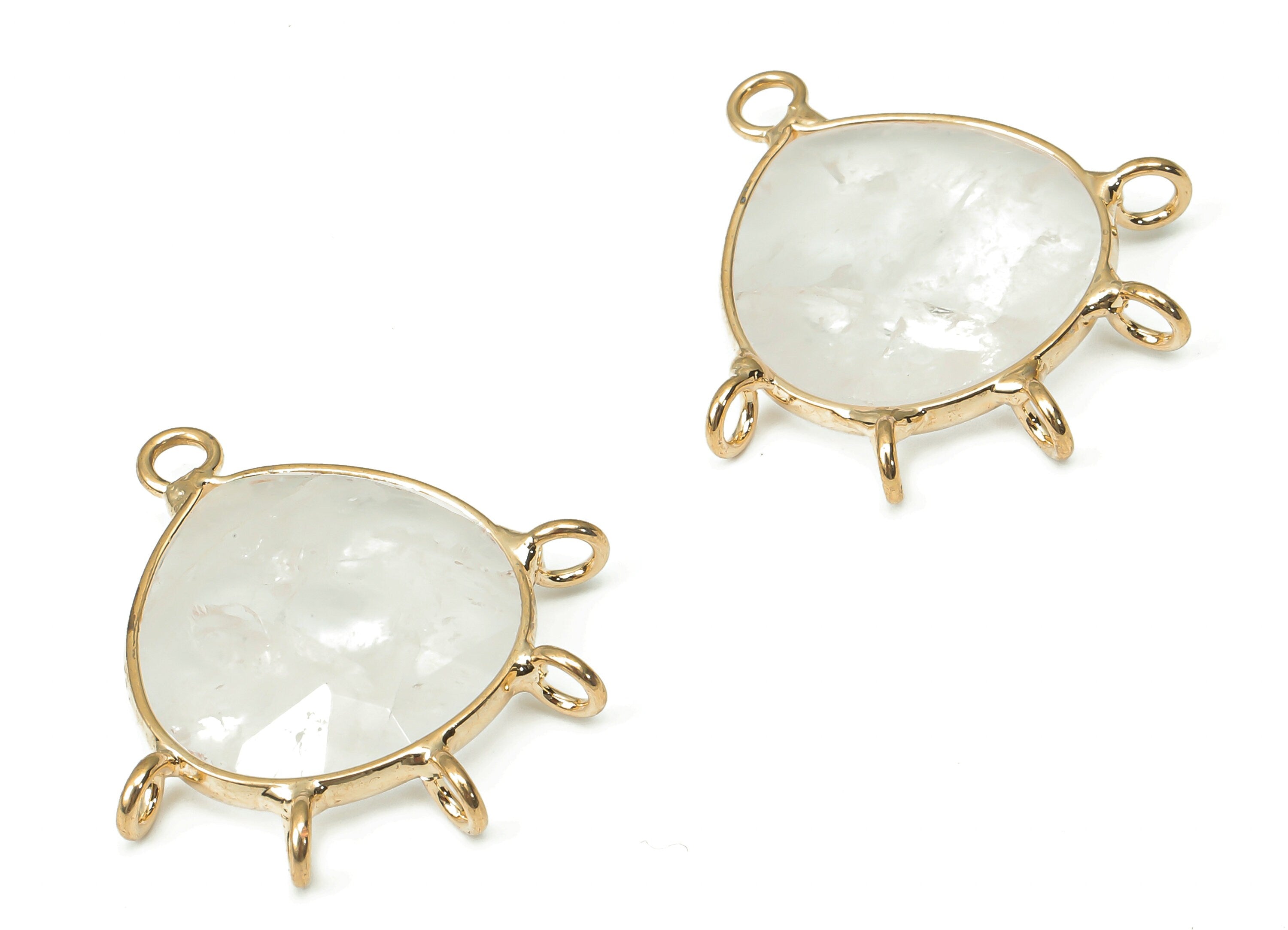 Clear Quartz Drop Connector - Brass Faceted Teardrop Bracelet - White Crystal Natural Stone - Gold Tone Plated Brass – 28x27x5mm - NS1855 - DOMEDBAZAAR