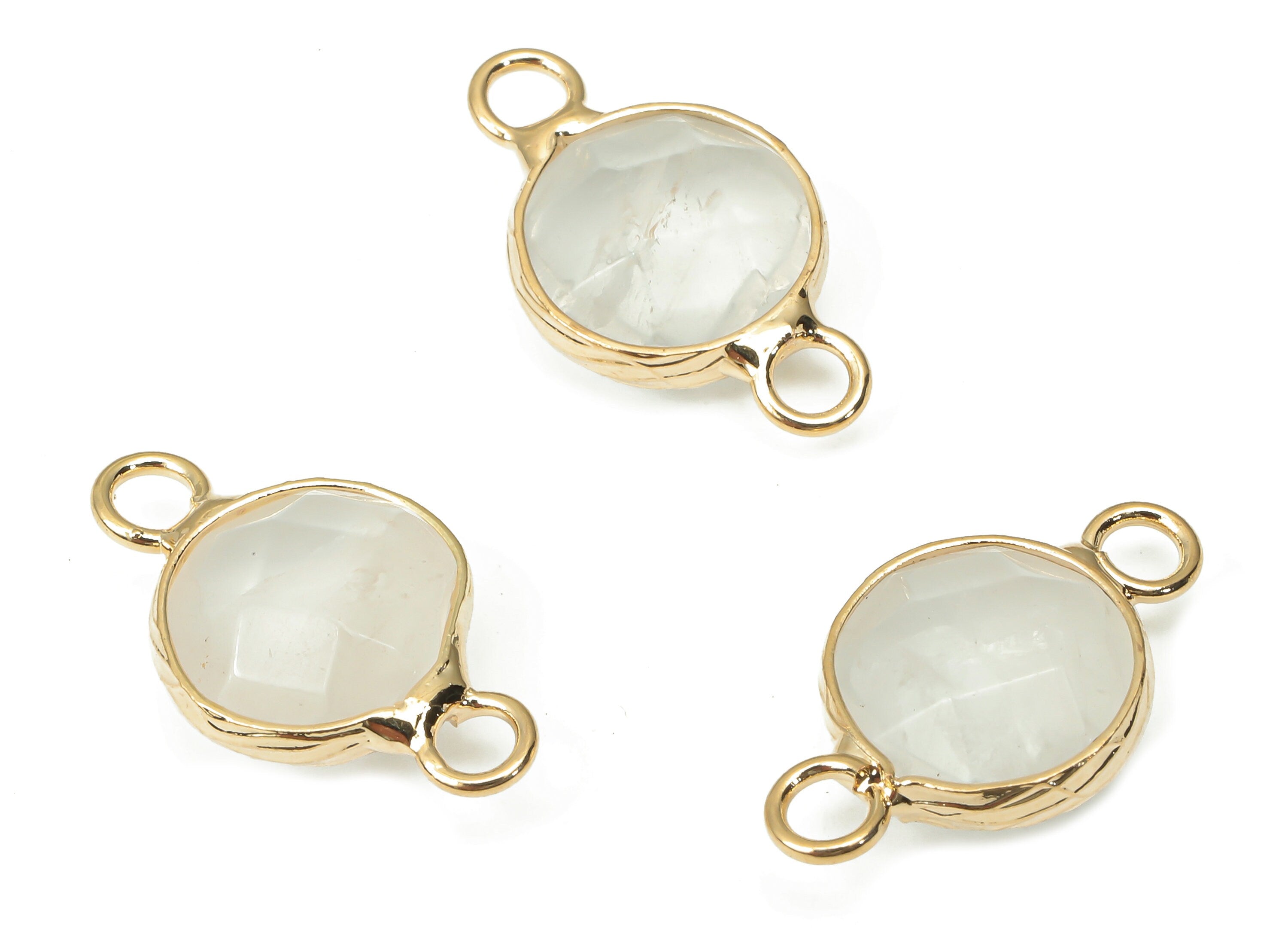 Clear Quartz Round Connector - Brass Faceted Circle Bracelet - White Crystal Natural Stone - Gold Tone Plated Brass – 19x10x5mm - NS1856 - DOMEDBAZAAR