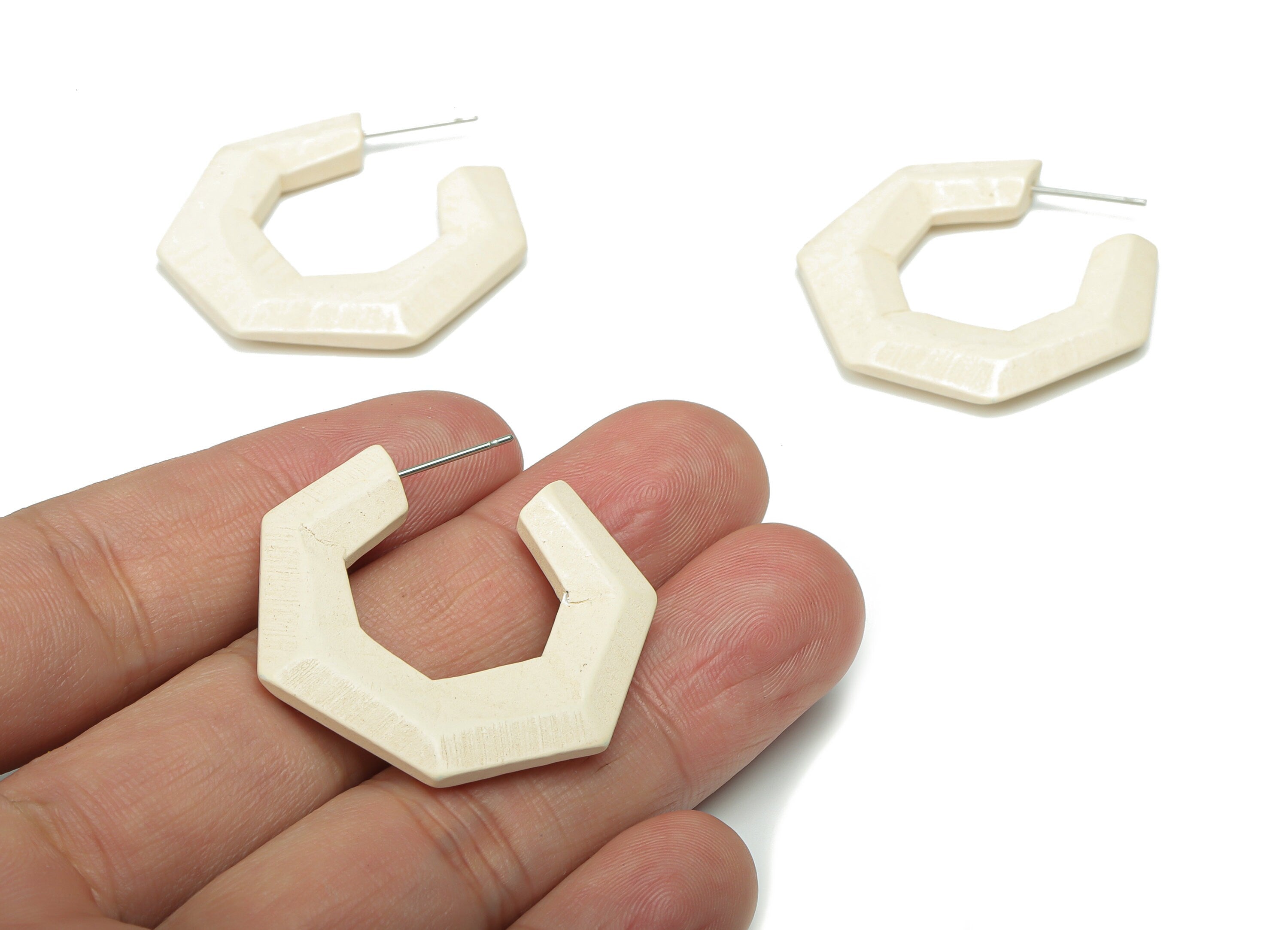 Hemu Wood Open Hoop Earring Stud - Hemu Wood Polygon Post - Stainless Steel Stud - Jewelry Making Supplies - 34.6x34.21x3.91mm - BB1214A - DOMEDBAZAAR