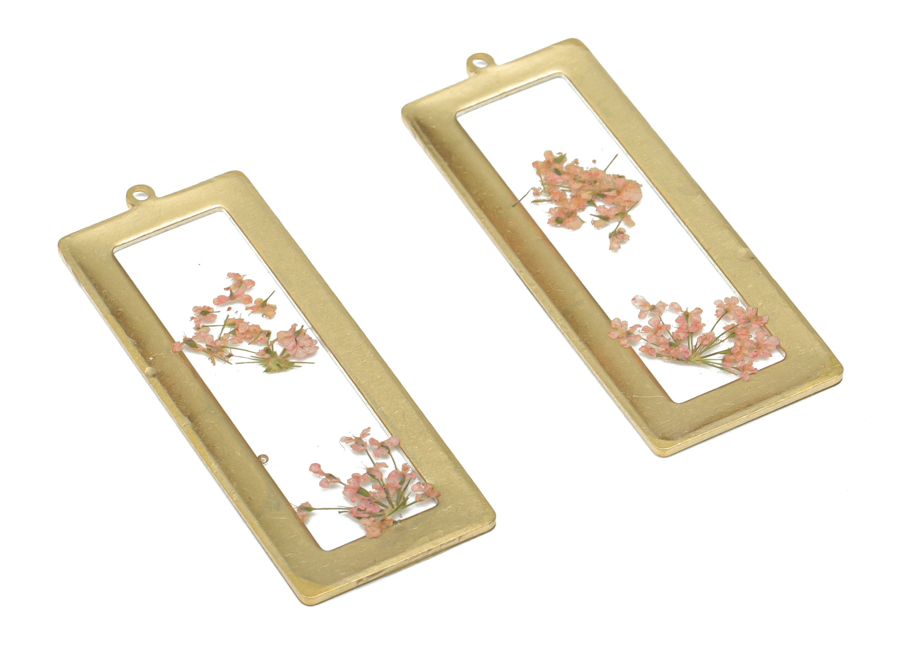 Brass Rectangle Earring Charms - Resin Tiny Real Flower Pendant - Raw Brass Charms - Resin Jewelry Charms - 40.17x15.28x1.28mm - RC1158B - DOMEDBAZAAR