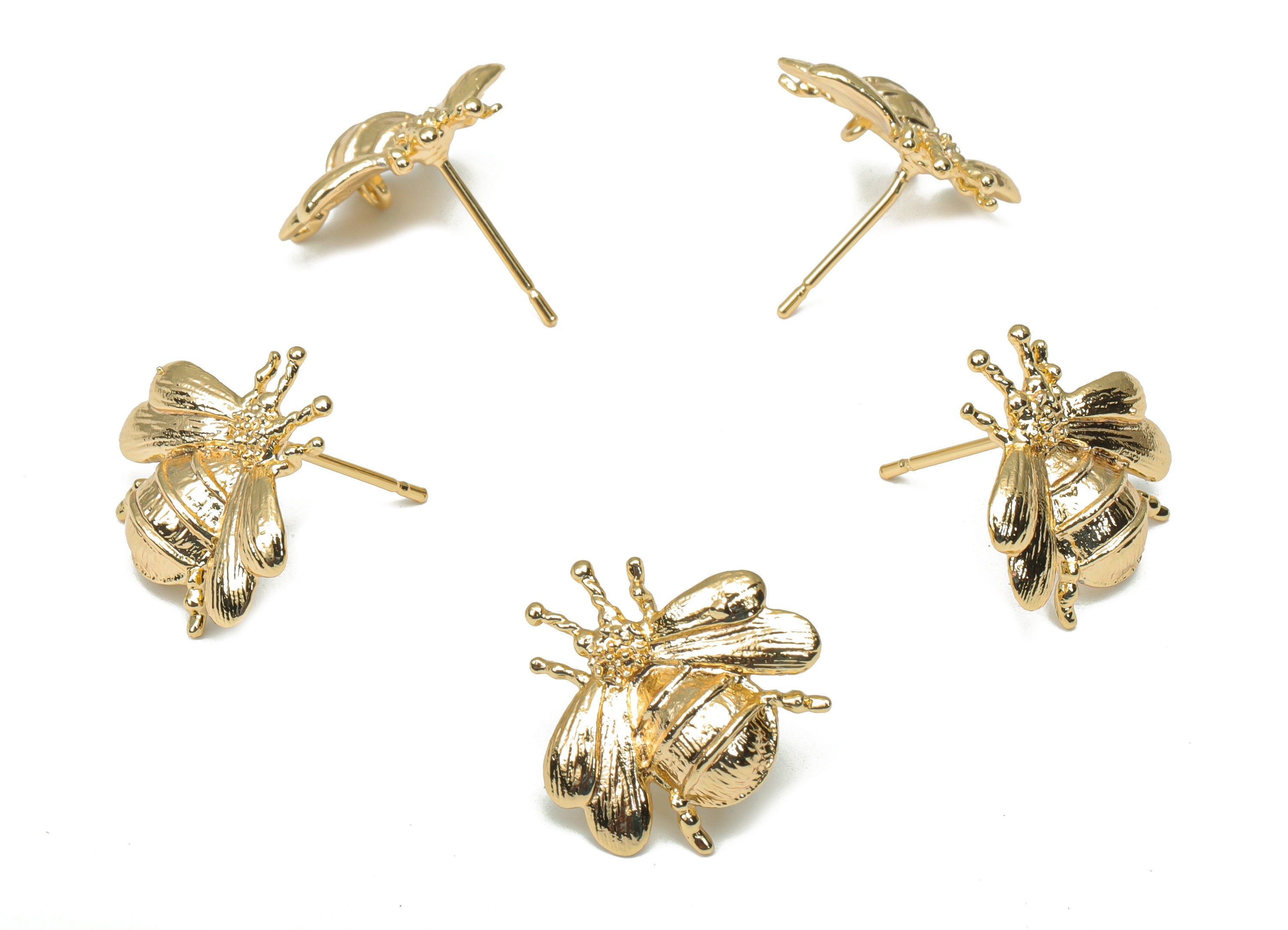Brass Bee Earring Stud - Gold Bee Earring Post - 316 Surgical Stainless Steel Stud - 18k Real Gold Plated Brass - 15.69x16.1x2.4mm - RGP4351 - DOMEDBAZAAR