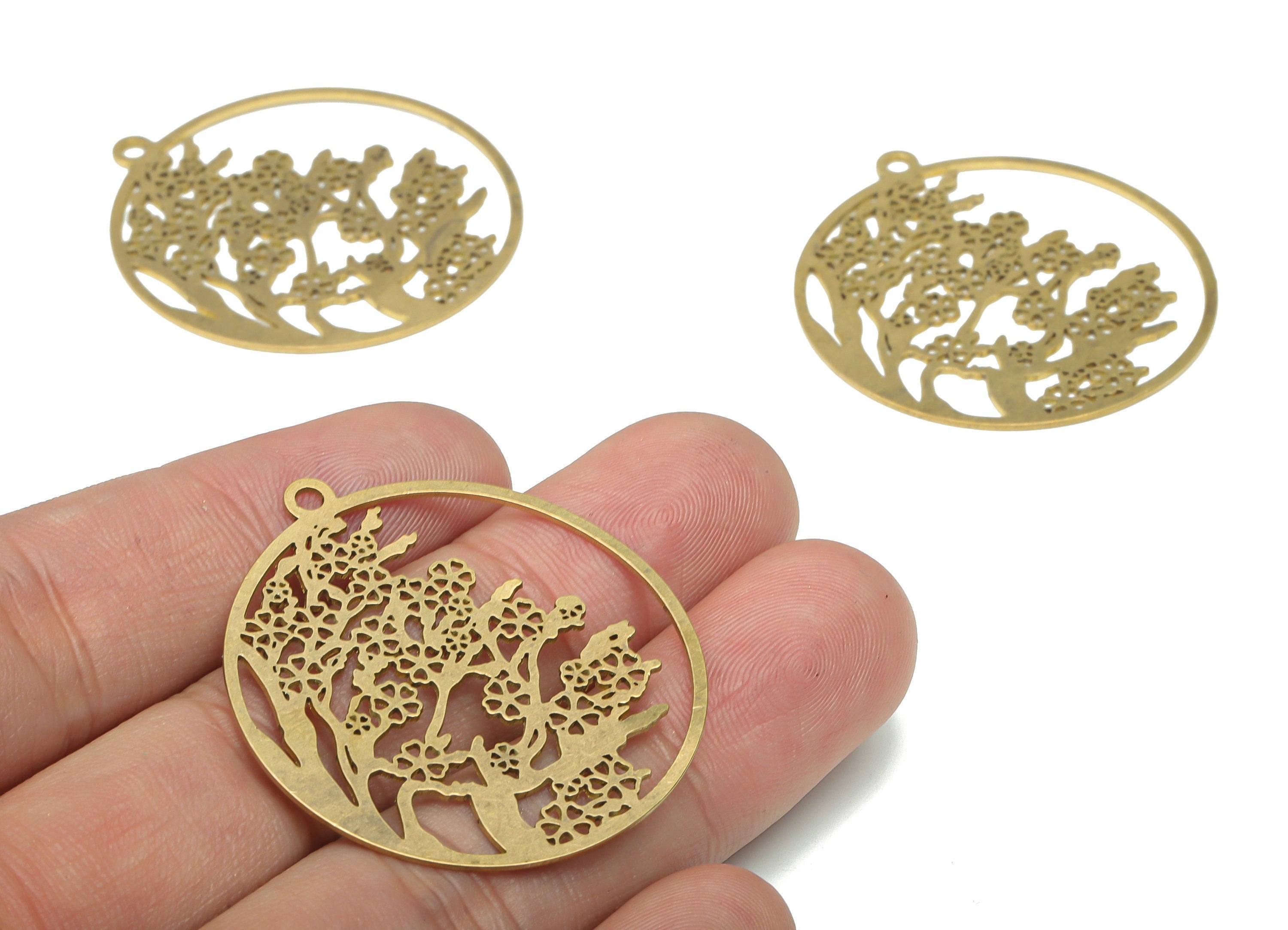 Brass Round Forest Tree Earring Charms - Raw Brass Woods Tree Circle Pendant - DIY Jewelry Making Supplies - 39.75x36.48x0.63mm - PPA2818 - DOMEDBAZAAR
