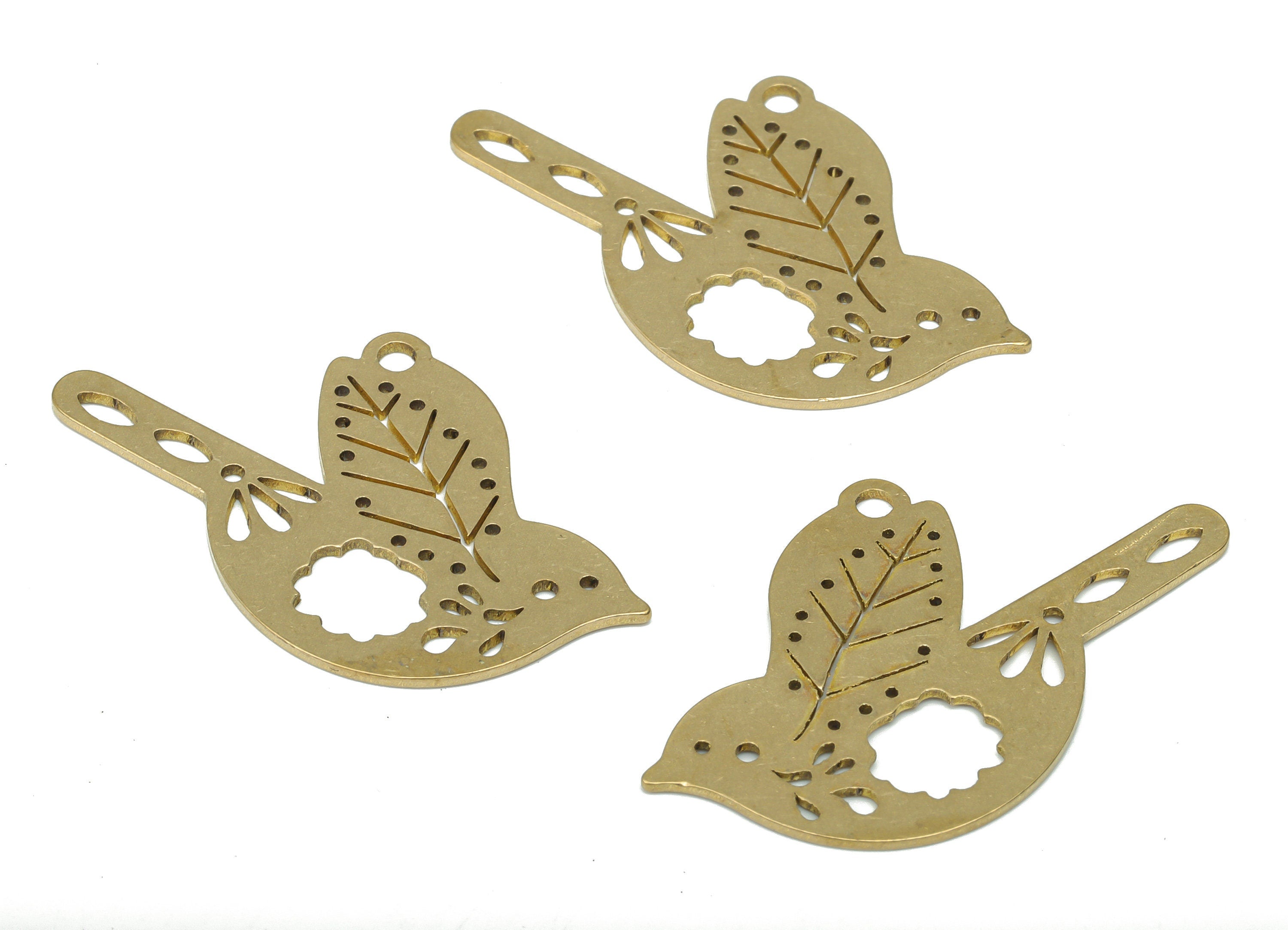 Brass Bubble Bird Leaf Earring Charms - Raw Brass Sparrow Flower Drop Oval Pendant - Jewelry Making Supplies - 35.95x19.36x0.75mm - PPA3225 - DOMEDBAZAAR